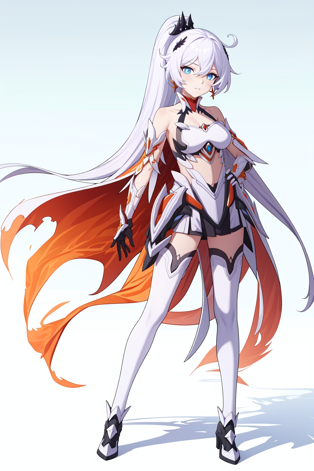 <lora:薪炎nailion:1:lbw=char>,kiana kaslana,kiana kaslana \\\(herrscher of flamescion\\\),gauntlets,black hair ornament,ponytail,torn cape,1girl,blue eyes,bare shoulders,white armor,orange earrings,white thigh boots,, (masterpiece,best quality:1.2),absurdres, high quality,