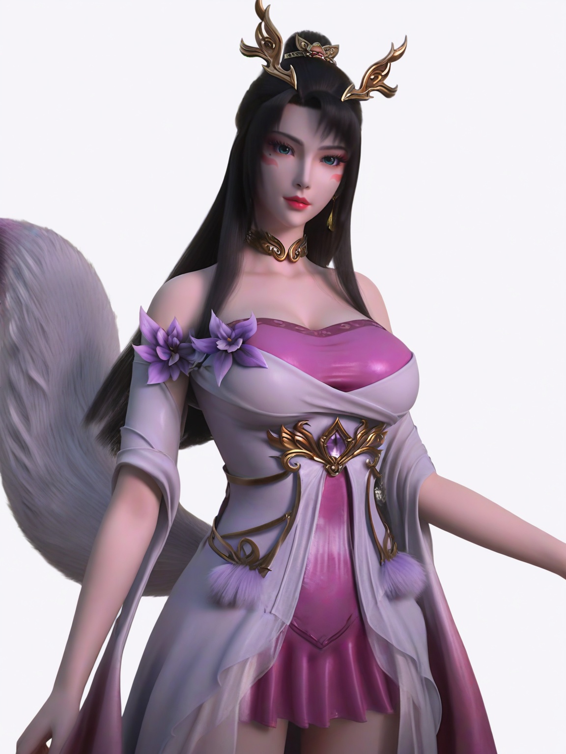 score_9,1girl,solo,dress,long hair,earrings,hair ornament,eyelashes,large breasts,standing,lipstick,facial mark,looking at viewer,fox tail,white background,simple background,cowboy_shot,<lora:SF_TianHu_Pony_Realism2.3-000004:0.7>,