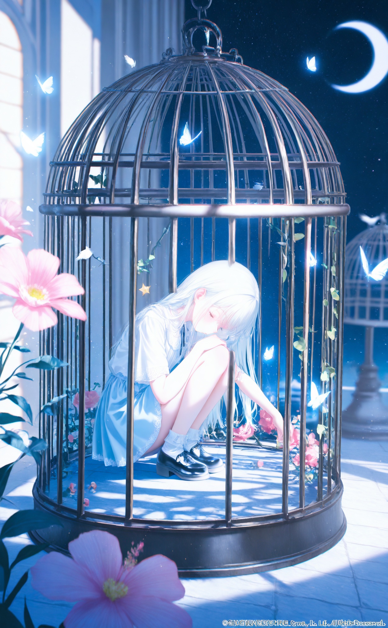 masterpiece,very aware,highres,absurdres,newest,best quality,high quality,loli,petite,chromatic_aberration,Light Blue Theme,lens_flare,//,1girl,solo,long hair,bangs,shirt,closed eyes,white shirt,flower,white hair,short sleeves,star \(symbol\),bird,moon,bug,red flower,butterfly,star \(sky\),pink flower,crescent moon,cage,birdcage,//,//,official art,depth of field,detailed light,blurry background,best shadow,shiny skin,cinematic lighting,ray tracing,amazing quality,very aesthetic,absurdres,beast quality,ultra detailed,newest,8K,HDR,