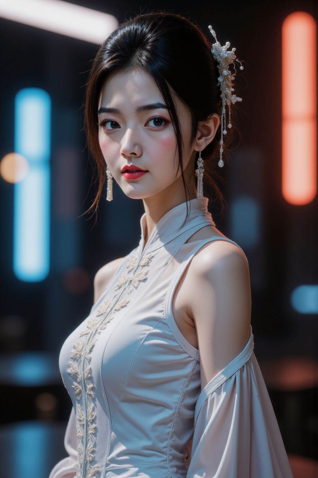 HDR photo of cinematic film still 1girl, solo, breasts, looking at viewer, short hair, black hair, hair ornament, dress, bare shoulders, jewelry, earrings, sleeveless, blurry, lips, sleeveless dress, chinese clothes, china dress, side slit, realistic, red lips, neon lights, white hanfu, . shallow depth of field, vignette, highly detailed, high budget, bokeh, cinemascope, moody, epic, gorgeous, film grain, grainy . High dynamic range, vivid, rich details, clear shadows and highlights, realistic, intense, enhanced contrast, highly detailed