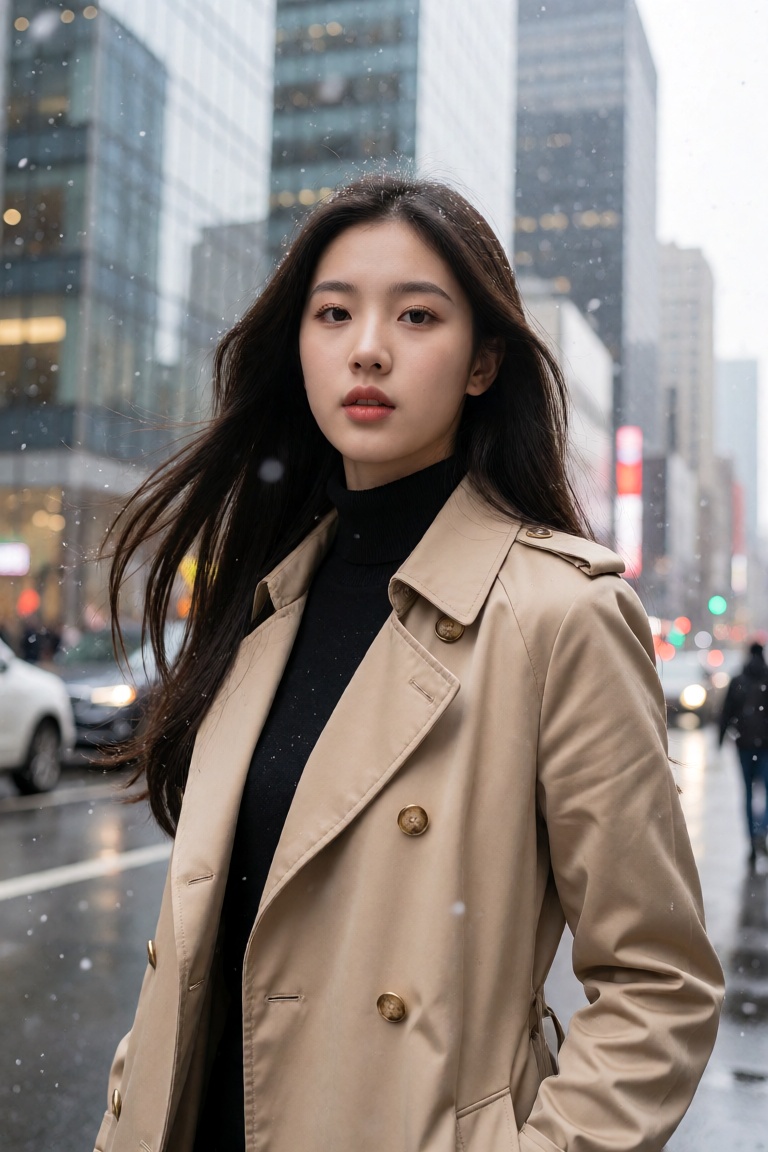 This is a high-resolution photograph of a young East Asian woman standing in a busy city street during a light snowfall. S...