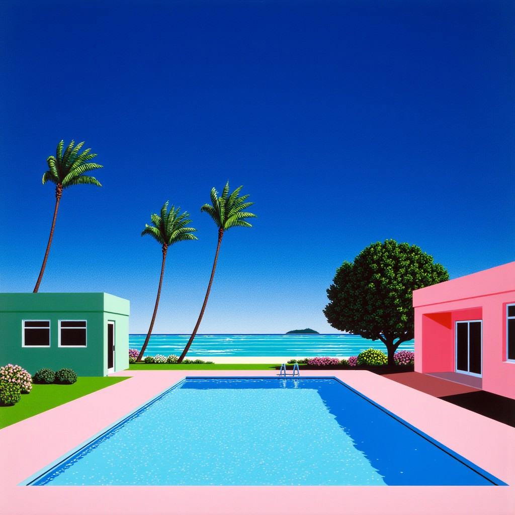 This image is a vibrant,  stylized digital artwork depicting a serene coastal scene. The background is a deep,  gradient b...
