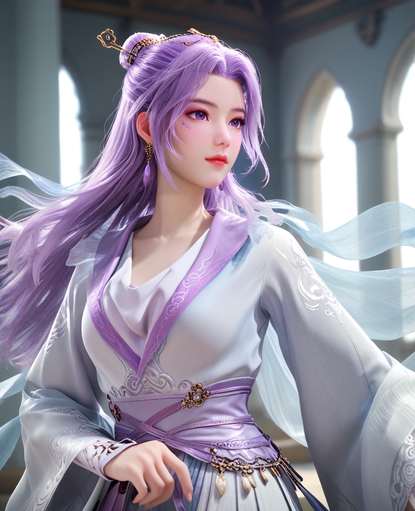 (oriental architecture, elegant decor, sophisticated style:1.1),(Head slightly tilted, a hand delicately lifting an invisible veil, she beckons intrigue and allure:1.1),(breasts:1.2),<lora:XL师兄啊云霄:0.95>,miss yunxiao,chinese clothes,purple hair,purple eyes,a mark under the left eye,single hair bun,long sleeves,earrings,hairpin,sash,, score_9,score_8_up,score_7_up,score_6_up,score_5_up,score_4_up,3d rendering,tag1,tag2, Cinematic Lighting,backlighting,