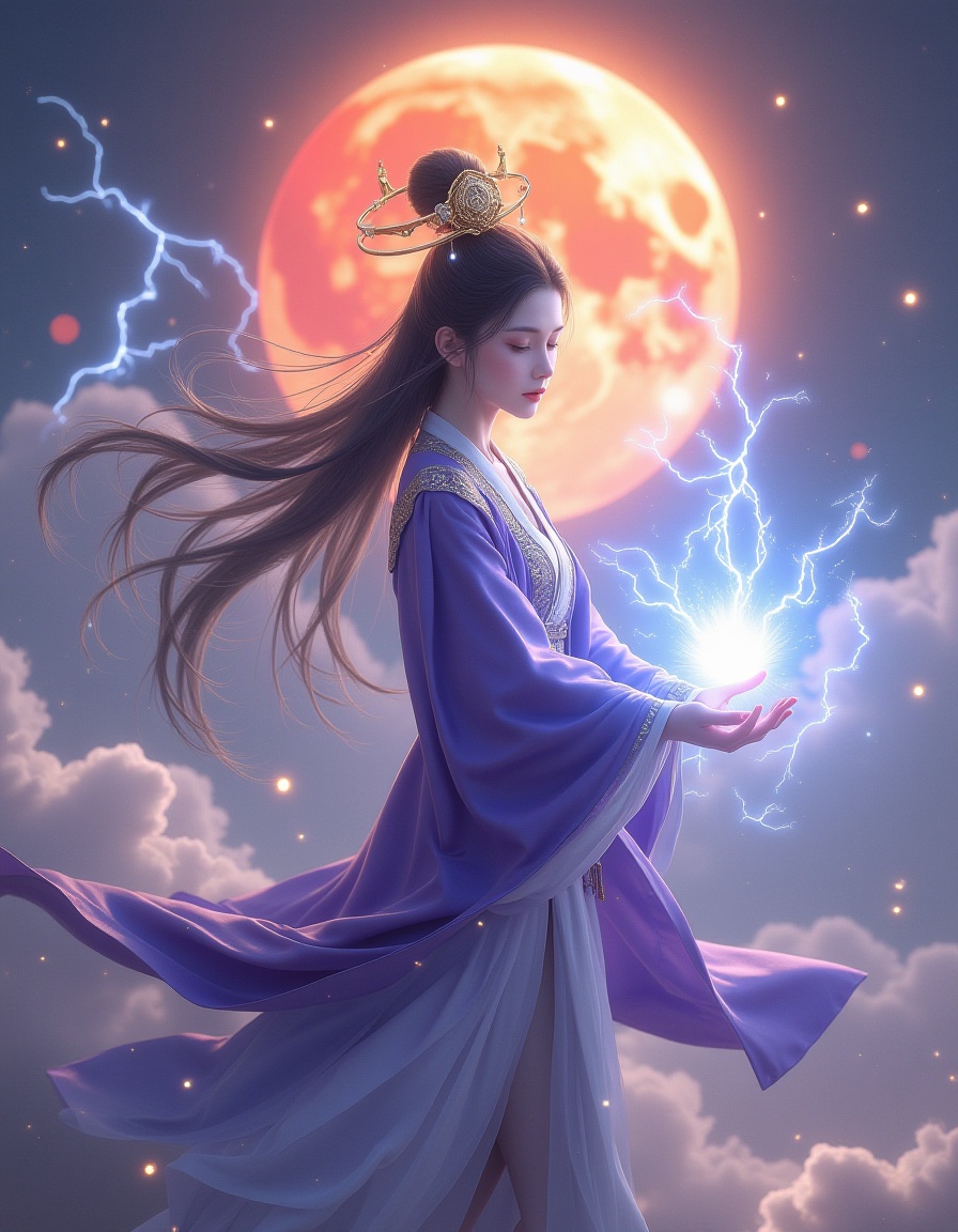 Epic CG Illustration, 1 Girl, Steady, Purple Gold Chinese Traditional Taoist Costume Headwear, Simple and Dignified, Half body Drawing, With Eyes Closed, (Golden halo on head: 1.2),dignified expression，energy, aura, blue energy ball, power wave, lightning, electricity:1.3， cloud, outdoors. ,Cloud Background (Smoke: 1.2), Behind You Are White Surrounding Glowing Tai Chi Fu, Real Light and Shadow, Exquisite Details, Illustrated Poster, Color Correction, Ultra HD, Panorama, Cinematic Lighting, Ray Tracing, lightnin，smoke，Best Quality,,beautiful and detailed explosion,red moon,fire,fire cloud,a cloudy sky,smoke of gunpowder,burning,(floating cloud:1.2), <lora:xian2:1>