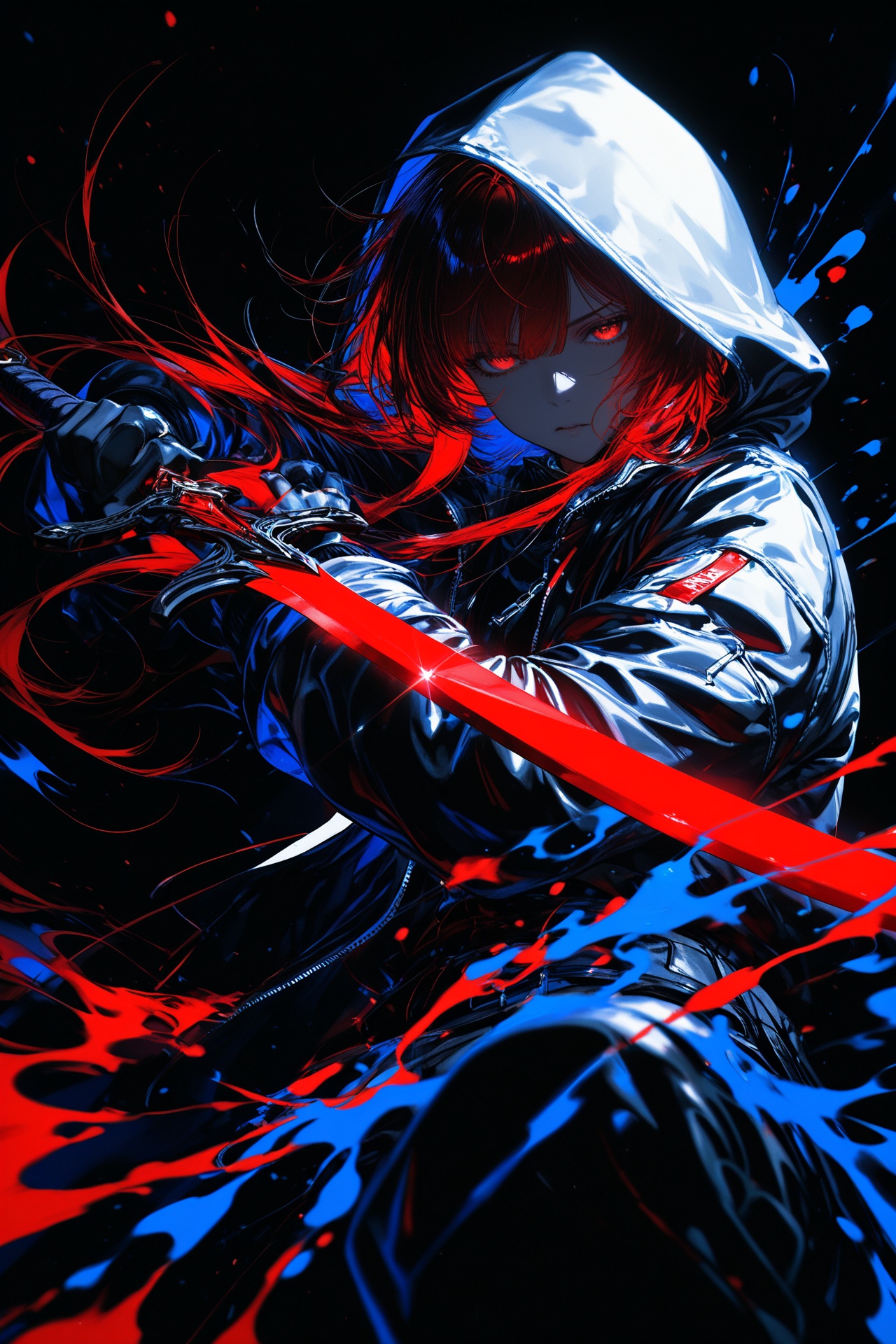 masterpiece,best quality,amazing quality,very aesthetic,absurdres,newest,(yoneyama mai),(noyu (noyu23386566)),(wanke:1.1),(senpen:1.1),lineart,monochrome,(red sword:1.2),(fighting stance:1.2),(disheveled hair:1.1),(dark theme:1.2),chiaroscuro,foreshortening,(colorful splashes:1.1),(shining:1.1),(focus on face:1.1),Glowing skin,Strong contrast,long sleeves,simple background,red eyes,weapon,hood,black background,sword,hooded jacket,jacket,hood up,red long hair,glowing,half-closed eyes,looking at viewer,