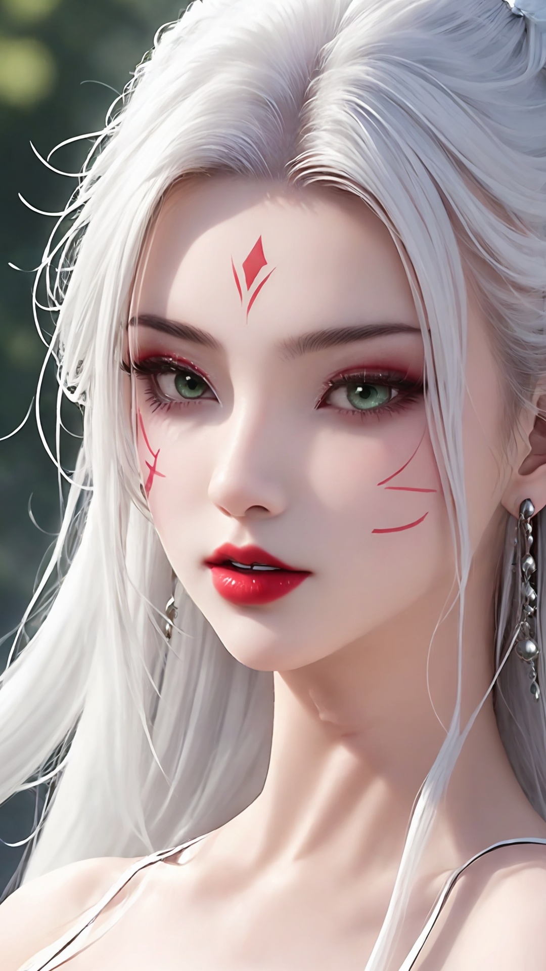 1girl,solo,green eyes,long hair,white hair,looking at viewer,facial mark,lips,blurry,portrait,forehead mark,red lips,bare shoulders,closed mouth,makeup,<lora:girl miaojiangxiaobai_20240912173536:0.7>,