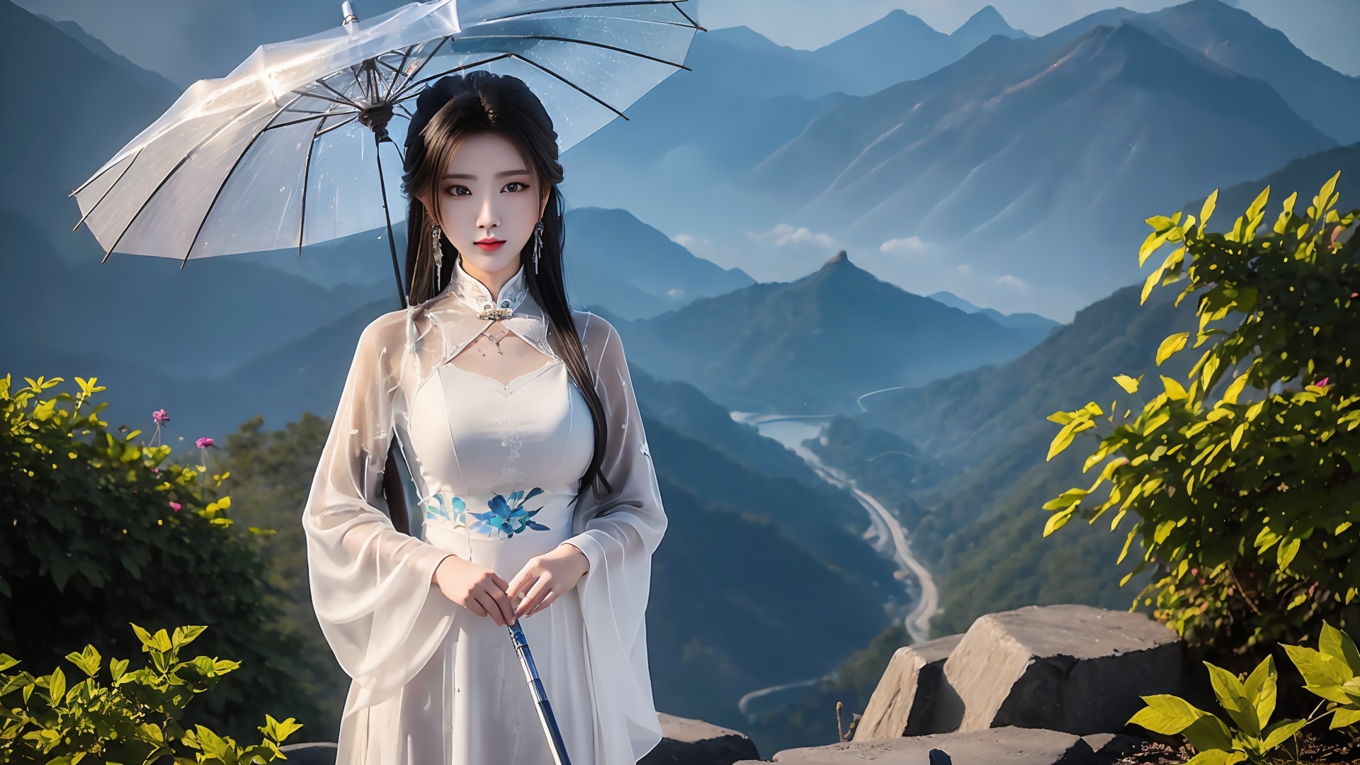1girl,umbrella,solo,dress,white dress,holding umbrella,jewelry,long hair,black hair,holding,outdoors,chinese clothes,mountain,earrings,necklace,long sleeves,<lora:girl solo luxueqi_20240911015355:0.8>,