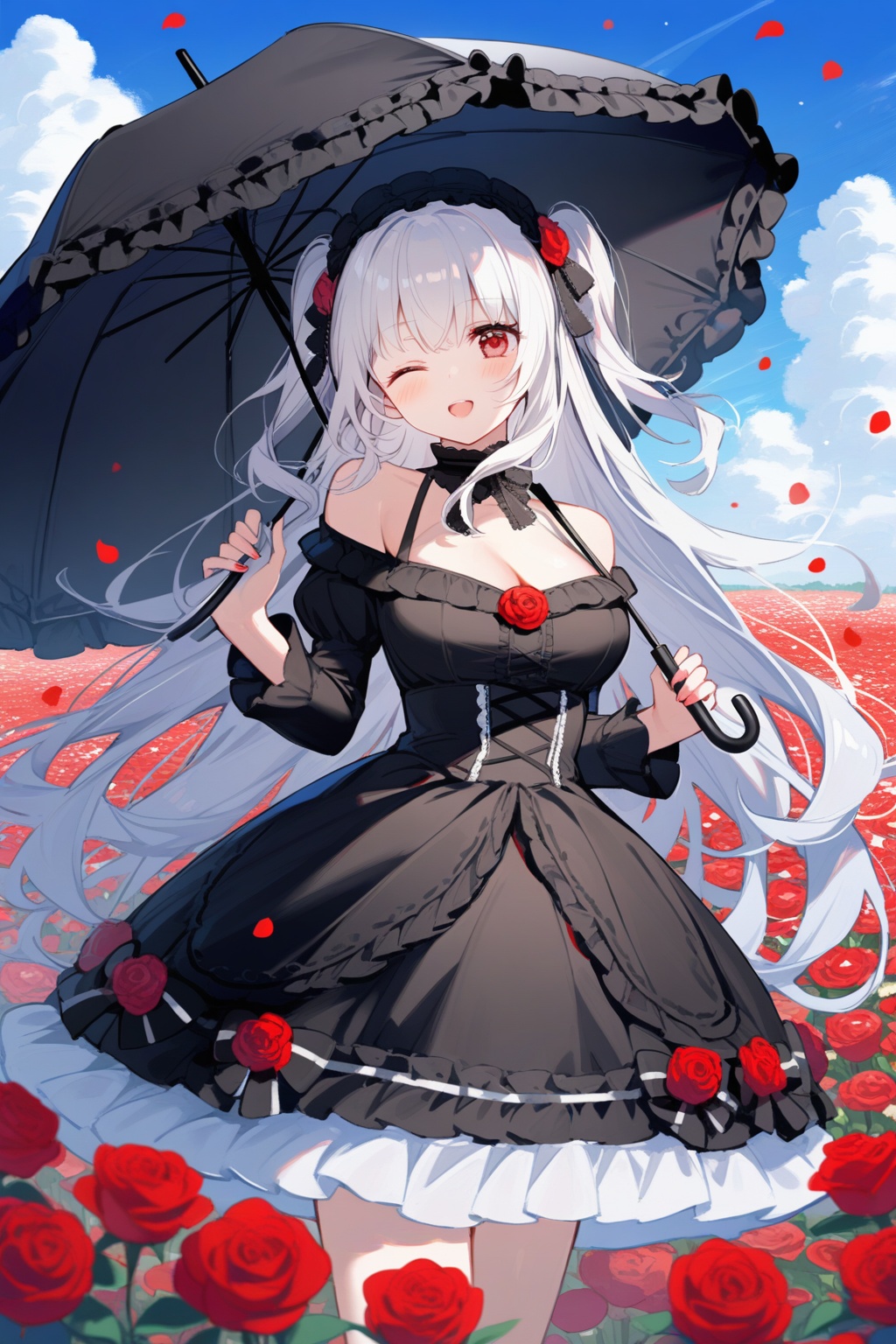 1girl, red flower, solo, umbrella, flower, holding umbrella, dress, breasts, black dress, black umbrella, one eye closed, long hair, cleavage, outdoors, holding, white hair, sky, petals, black headwear, red eyes, bare shoulders, two side up, hat, day, long sleeves, looking at viewer, cloud, blue sky, gothic lolita, open mouth, frills, lolita fashion, off shoulder, large breasts, frilled umbrella, very long hair, field, blush, flower field, frilled dress, off-shoulder dress, red rose