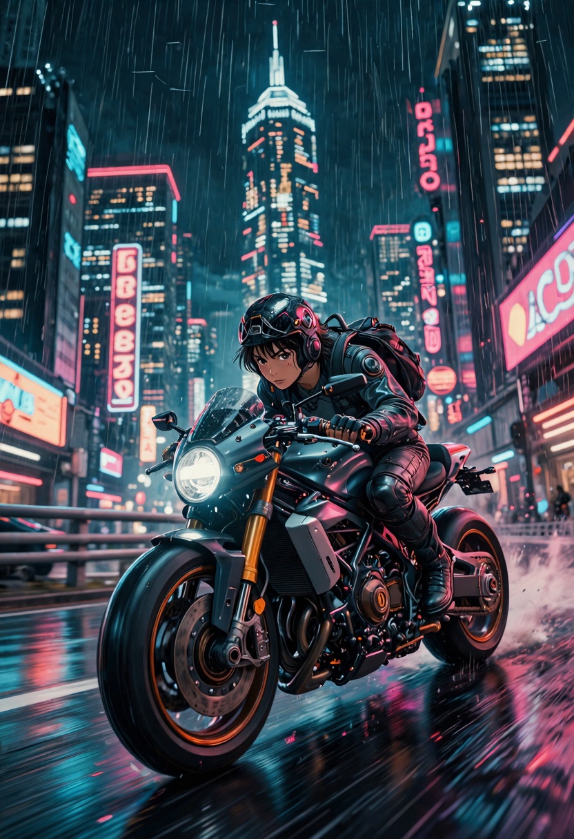 masterpiece,  futuristic motorcycle speeding through a neon highway at night,  rain on Tensor.Art