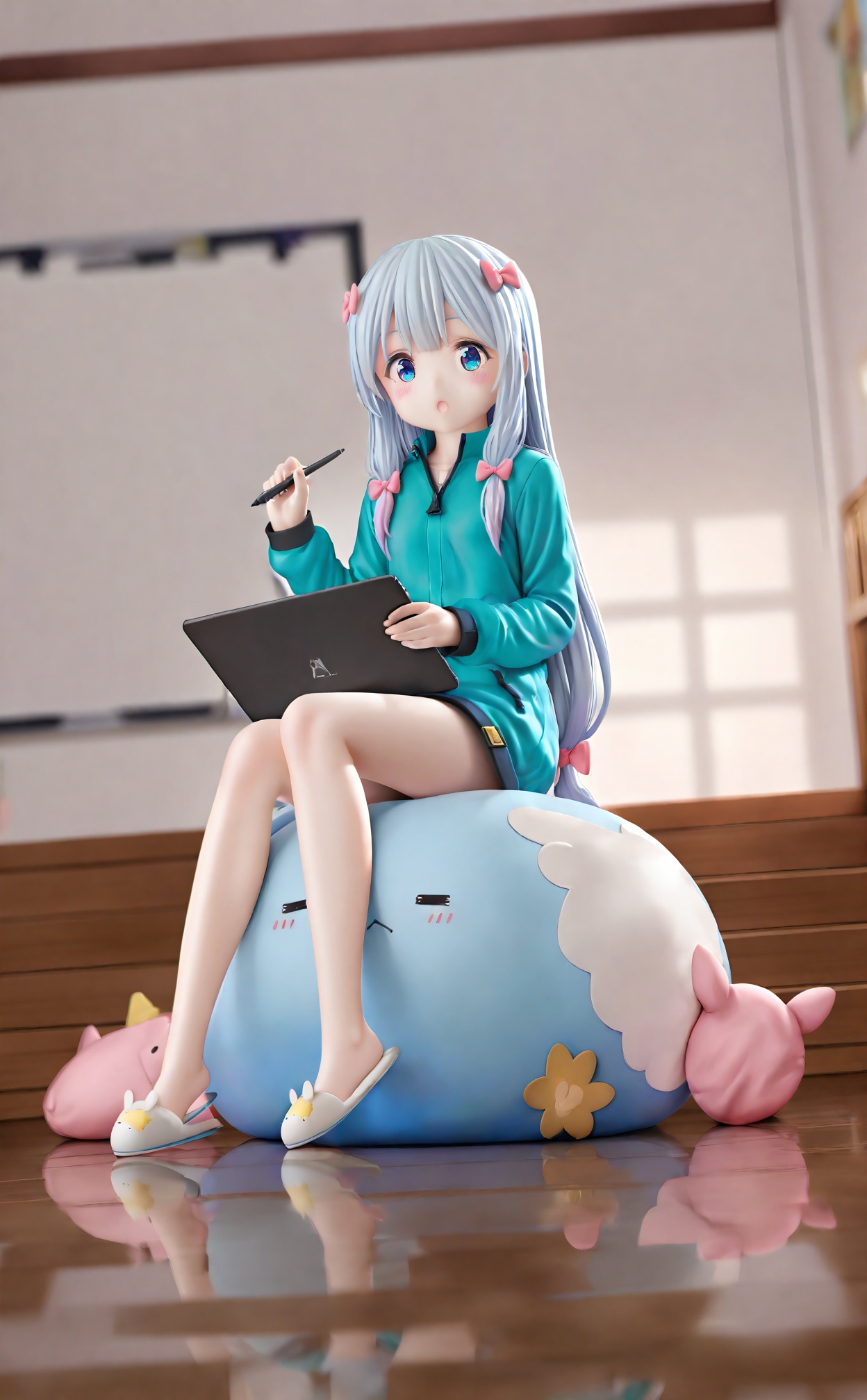 masterpiece,very aware,highres,absurdres,newest,best quality,high quality,loli,petite,chromatic_aberration,cinematic_angle,dutch angle,Light Blue Theme,//,1girl,izumi sagiri,solo,long hair,bow,sitting,stylus,hair bow,pink bow,drawing tablet,jacket,slippers,grey hair,blue eyes,looking at viewer,\:o,holding,open mouth,full body,blush,//,(artist:himitsu (hi mi tsu 2):1.3),year 2024,(Artist:rurudo:0.9),(wanke:0.9),(Artist:na-ga:1.1),matchanear,roha,[Artist:aki99],(z282g)),jyt,(((e-note))),(bigxixi),[chen_bin],[[as109]],himitsu_(hi_mi_tsu_2),foreshortening,asakuraf,//,<lora:PVC5——【noob】hans:1>,