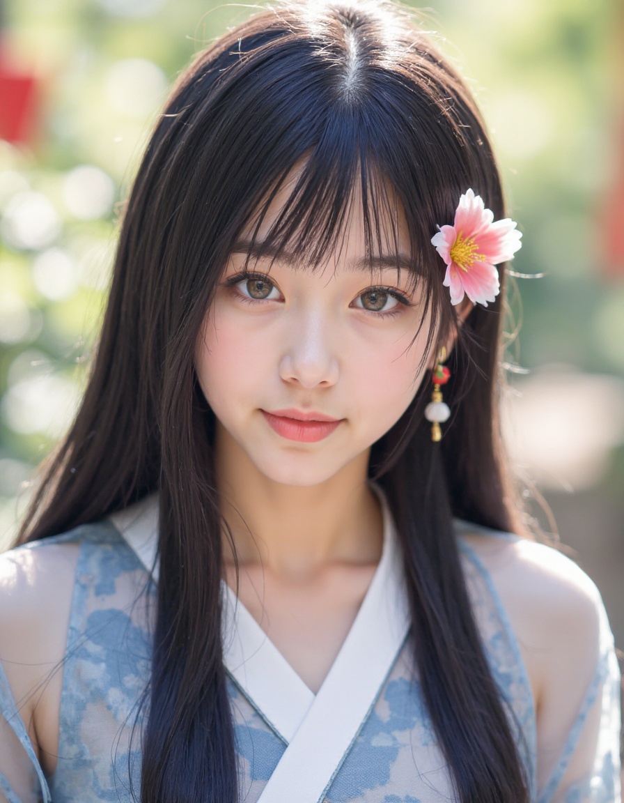 1girl, solo, earrings, jewelry, realistic, looking at viewer, long hair, black hair, flower, upper body, closed mouth, chinese clothes, outdoors,