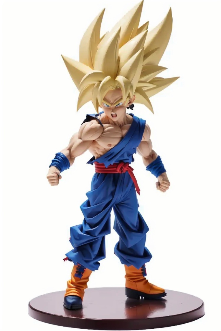 ((HRD, HUD, 8K)),((masterpiece, best quality)), highly detailed,Handmade, 1boy, male focus, solo, blonde hair, son goku, super saiyan, torn clothes, super saiyan 1, white background, spiked hair, dougi, wristband, full body, simple background, muscular, boots, clenched hands, <lora:20240316-1710599536818:0.8>