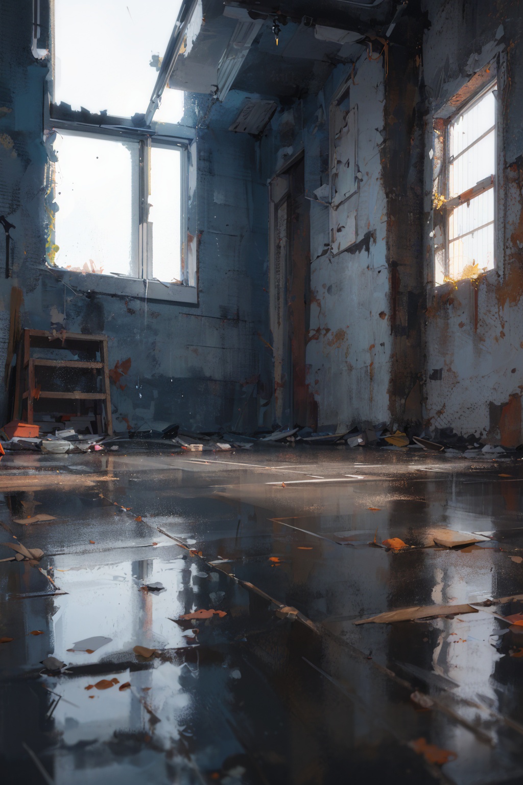 masterpiece,best quality,(ray tracing, reflection light, film grain),dark sky, heavy rain, inside abandoned building, low water level,realistic background,light particle