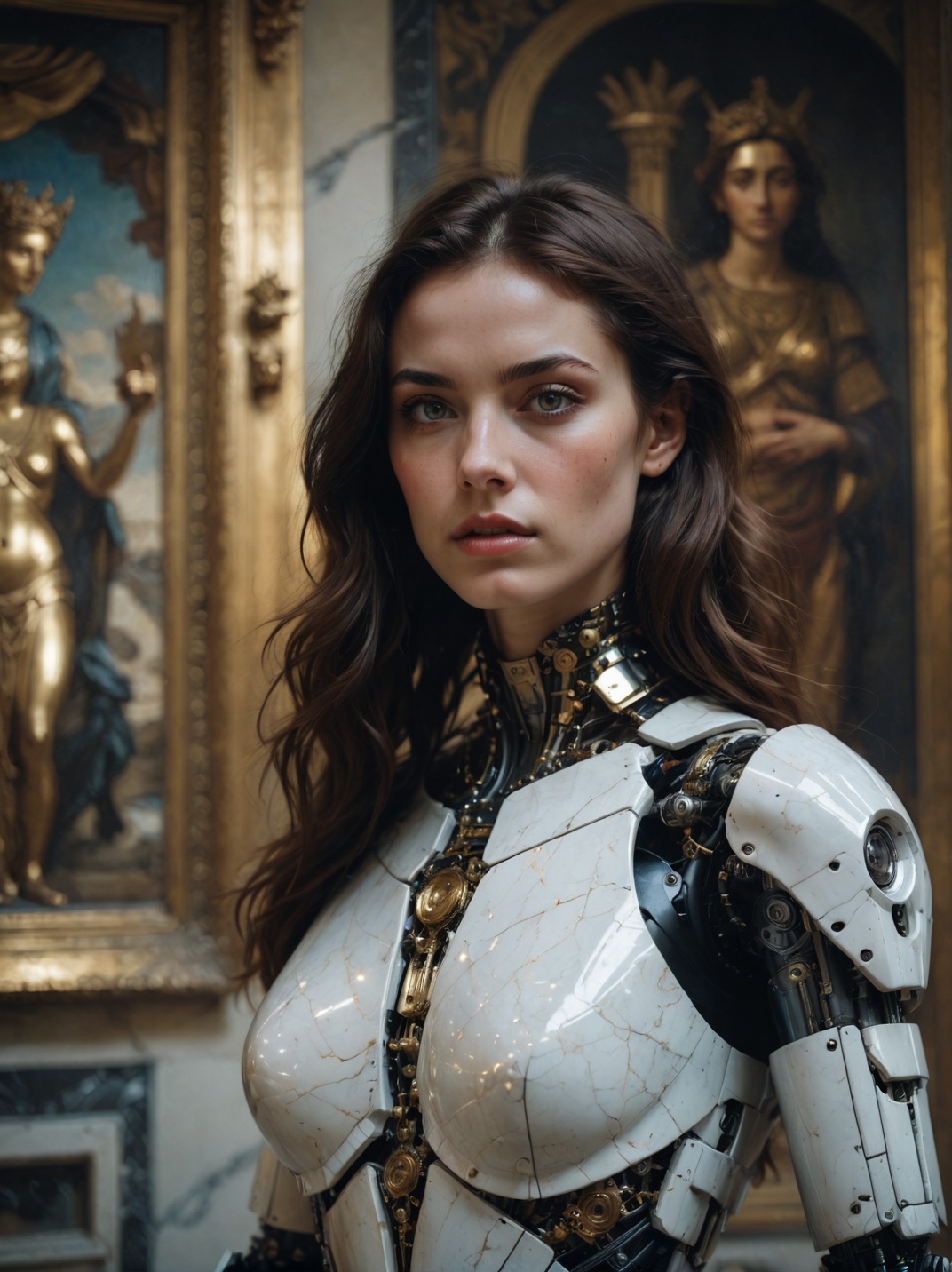 cinematic film still, close up, a robot woman stands tall, half-human half machine, amongst an ancient Greek gallery of paintings and marble, religious symbolism, quantum wavetracing, high fashion editorial, glsl shaders, semiconductors and electronic computer hardware, amazing quality, wallpaper, analog film grain, perfect face skin <lora:aesthetic_anime_v1s:1.1>