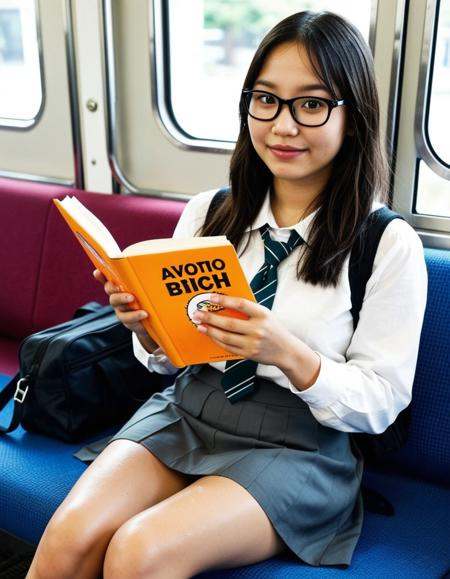 1girl,(asian girl face:1.3),(:.1),(Philippines girl face:1.1),(makeup face:1.2),(cute girl:0.1),(tiny nostrils nose:1.1),(tareme,droopy eyes:1.1),(Slanted eyes:.3),,(thin eyebrows,light eyebrows,short eyebrows,light makeup,natural look:1),(closed-lips:1.3),(evil smile face:1.5),,reading a small book,sitting with legs together on train bench,train interior,school bag,glasses,(Native hair color,Natural hair color:1.3),school uniform,  costume,outdoors,detailed background,dynamic action pose,(cowboy shot:1.1),(dynamic angle),(from above angle:.5),HDR photography,depth of field, realistic, photorealistic,(avoiding harsh bright,ultra-realistic skin texture:1.3),(moisten skin,dampened skin,glossy skin,glossy skin face,oiled skin,oiled skin face,glistening skin:1.3),(waist view,waist up shot),high quality,highres,8k, <lora:dmd2 4 steps fix:1>,(Vibrant color saturation:0.3),(day:1.1),(thin eyebrows:-1.3),