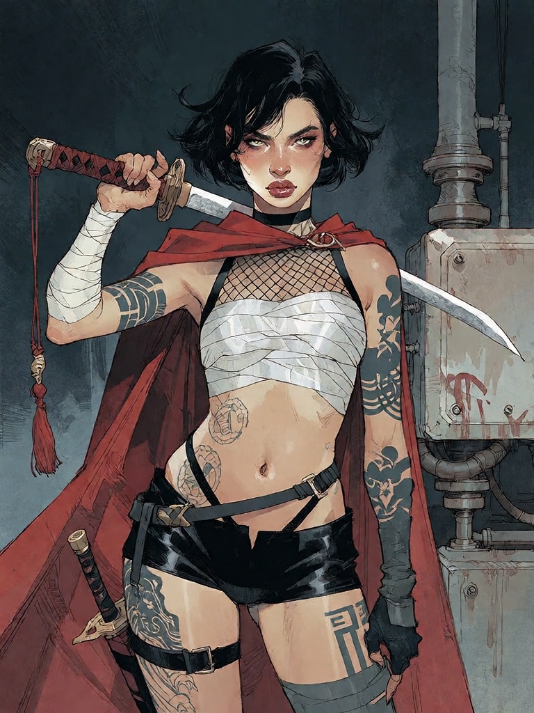 Bradhamel art style. A confident,  ethnically diverse female warrior with short black hair,  sharp yellow eyes on Tensor.Art