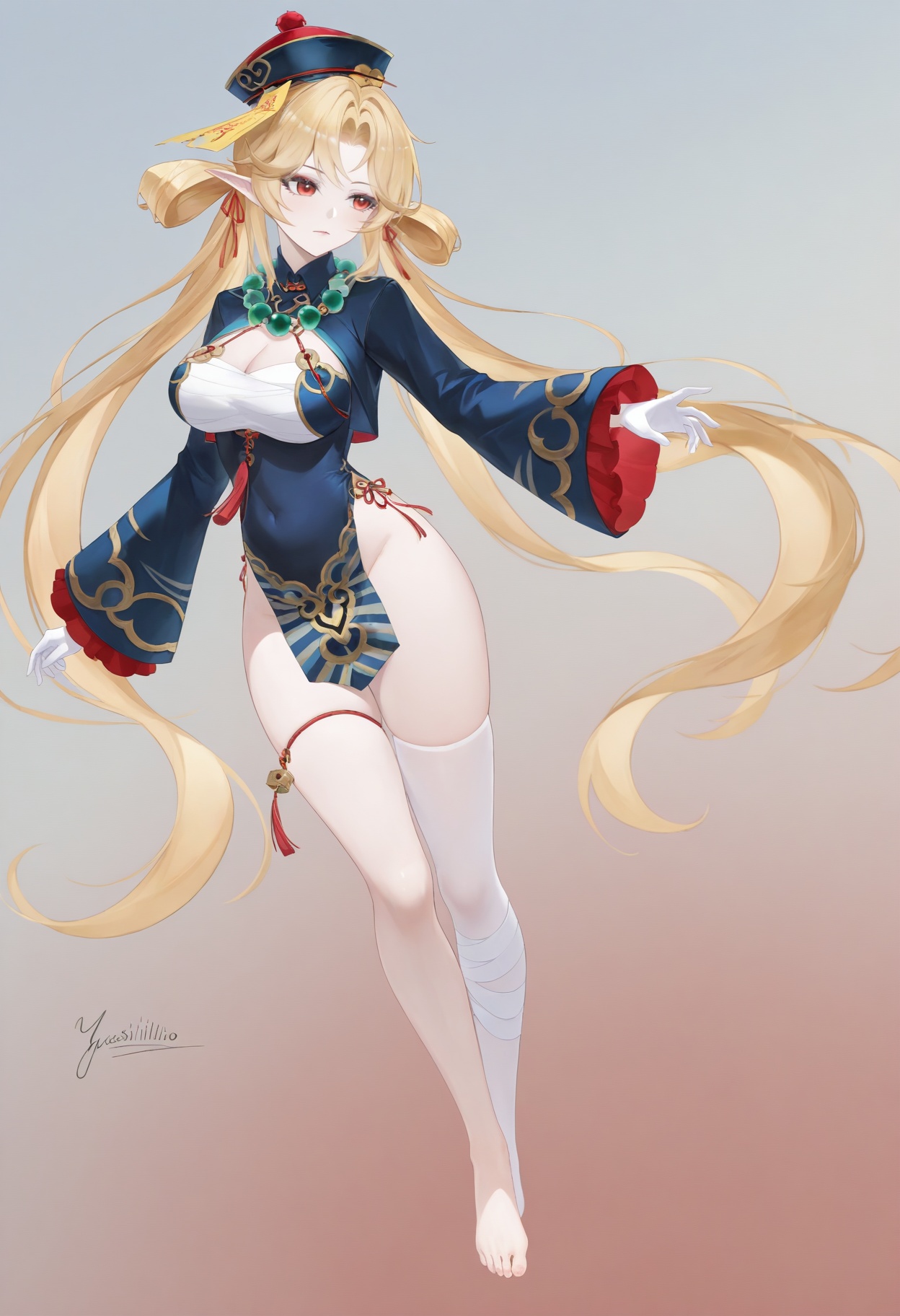 front view,((((full_body:1.4)))),(artist:kousaki rui:0.4),(artist:agm:0.6),(artist:arutera:0.6),masterpiece,hyper quality,amazing quality,absurdres,signature,(((((signature:yushililuo:1.5))))),solo,1girl,standing,simple background,white_background,eyeshadow,<lora:九幽离魄·希望神女:1>,xiwang,1girl,long hair,bangs,blonde hair,red eyes,hat,ribbon,hair ribbon,pointy ears,red ribbon,ofuda,talisman,breasts,cleavage,jewelry,necklace,hair rings,beads,jiangshi,bead necklace,qing guanmao,large breasts,thighhighs,gloves,long sleeves,dress,very long hair,jacket,white gloves,white thighhighs,hat,barefoot,pointy ears,wide sleeves,bandages,single thighhigh,bandaged leg,jiangshi,