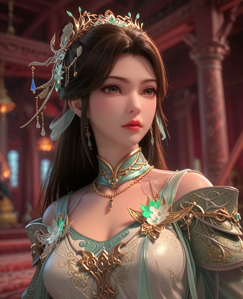 (oriental architecture, elegant decor, sophisticated style:1.1),(looking into the distance:1.1),(breasts:1.2),<lora:XL百炼成神溪幼琴:0.9>,miss xiyouqin,long hair,flower jewelry,brown hair,hair ornament,dress,earrings,green dress,bracelet,necklace,brown eyes,, zPDXL2, score_9, score_8_up, score_7_up BREAK realistic, masterpiece,best quality, highly detailed,, zPDXL3, zPDXL2,zPDXL, zPDXLxxx, zPDXLrl,