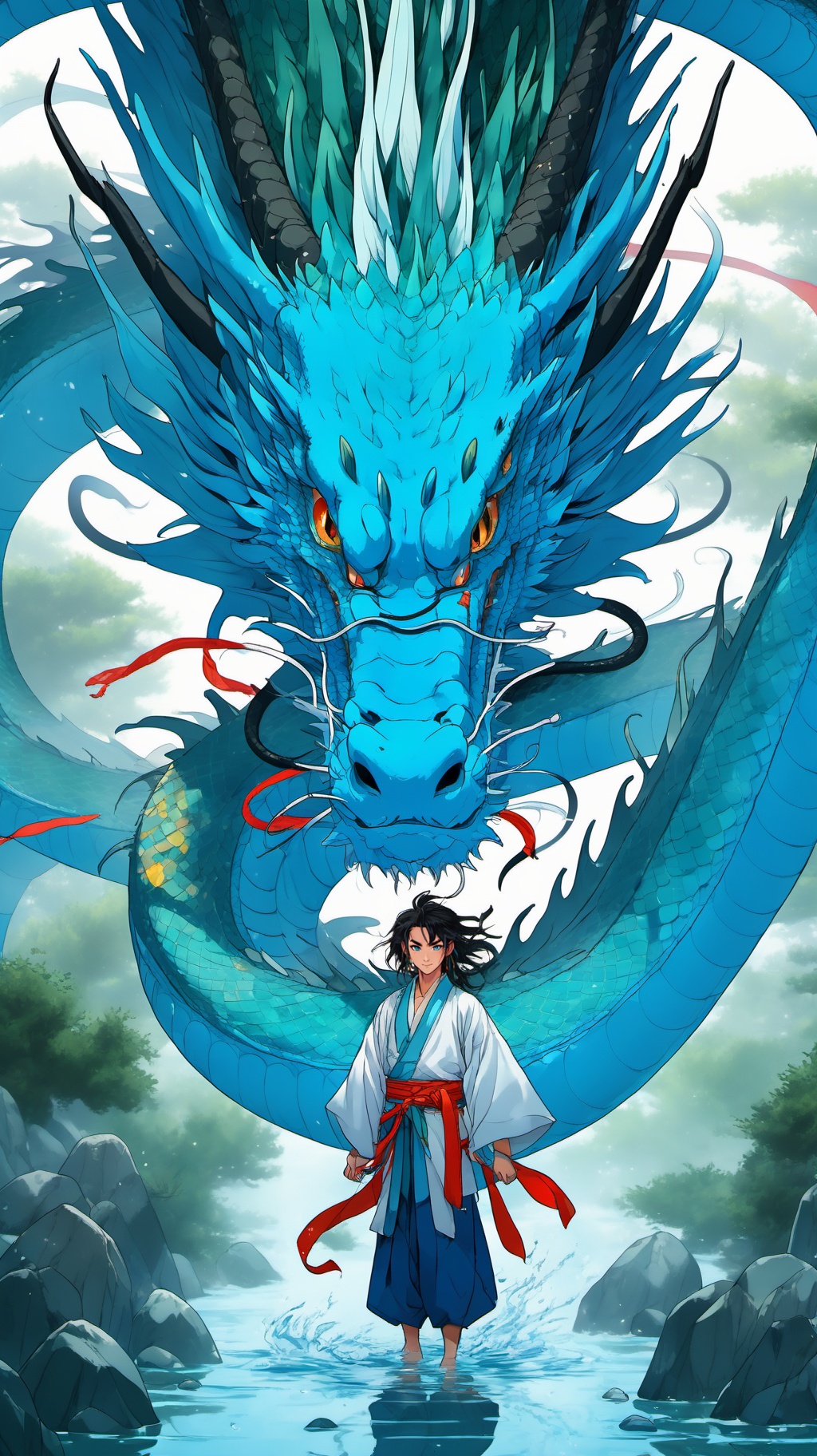 anime artwork BJ_Sacred_beast_Illustration,Dragon,solo,long_hair,looking_at_viewer,black_hair,long_sleeves,1boy,standing,male_focus,horns,water,sash,floating_hair,chinese_clothes,wind,wading,robe,dragon,wide_shot,hanfu,eastern_dragon,photo,8k,intricate,highly detailed,majestic,digital photography,broken glass,(masterpiece, sidelighting, finely detailed beautiful eyes:1.2),hdr,realistic,high definition,<lora:SSDXL_acred_beast_Illustration:0.7>, . anime style, key visual, vibrant, studio anime,  highly detailed