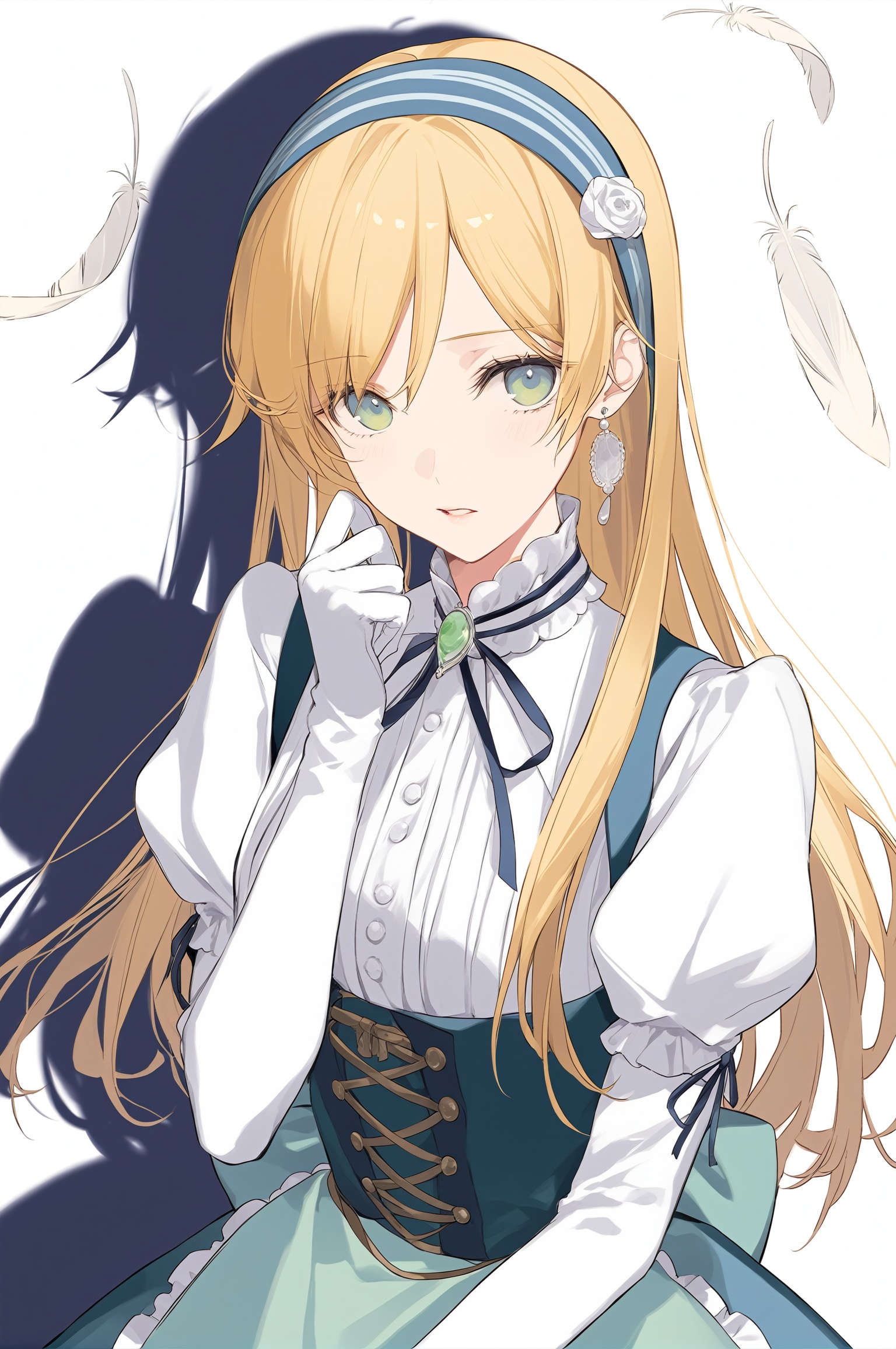 1880s ***** Victorian wife mother with long blonde hair worn out and full,wearing light clothes,full lips and a soft face and large green eyes,score_9,score_8_up,score_7_up,1girl,solo,long hair,breasts,looking at viewer,bangs,blue eyes,blonde hair,hair ornament,gloves,long sleeves,dress,jewelry,hairband,earrings,elbow gloves,puffy sleeves,white gloves,necklace,shadow,feathers,blue hairband,