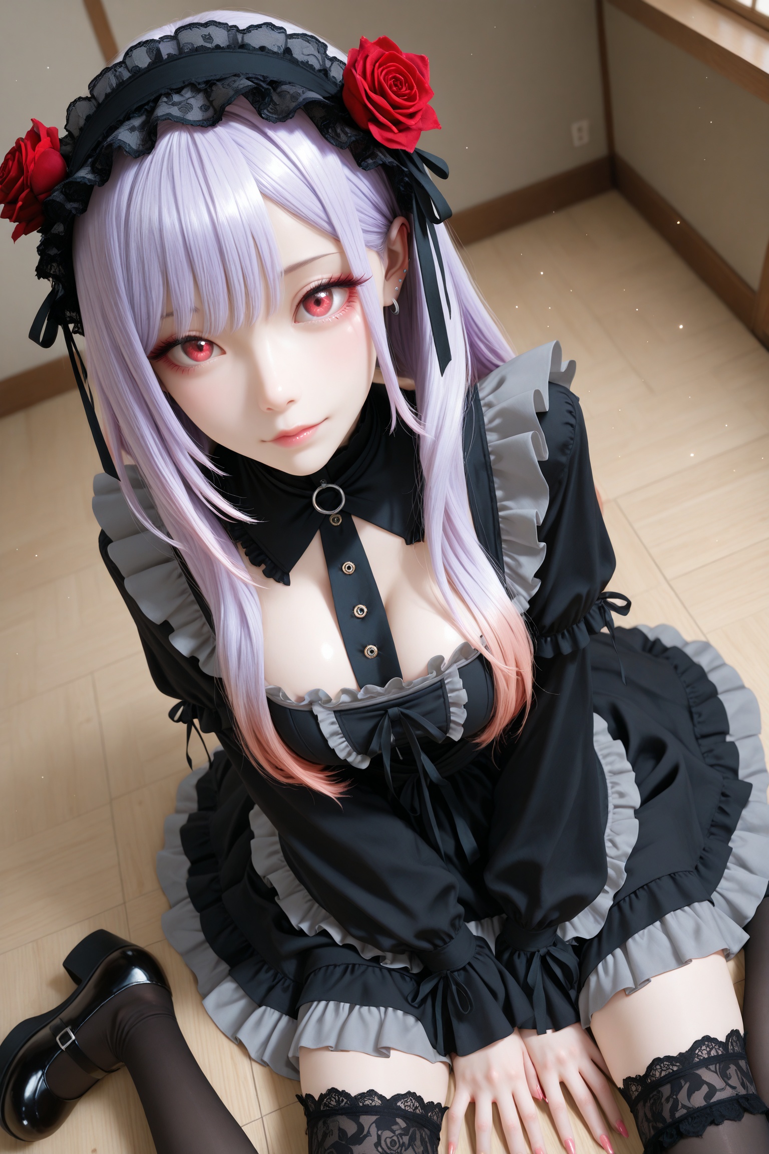 masterpiece,best quality,amazing quality,very aesthetic,absurdres,newest,extreme aesthetic,in the style of fashion photography,light particles,Visual impact,sharp focus,Emotionalization,impactful picture,depth of field,dutch angle,dynamic pose,1girl,solo,lolita fashion,sitting,purple hair,gothic lolita,thighhighs,apron,cosplay,flower,kitagawa marin,indoors,wig,dress,looking at viewer,frills,black dress,hair flower,black footwear,rose,red eyes,from_above,