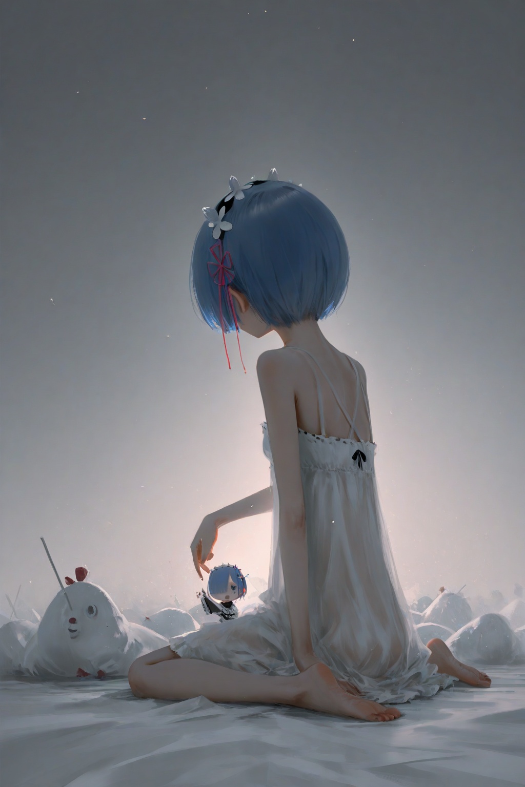 (rella), (redum4) (au \(d elete\)) (dino \(dinoartforame\)), wlop, solo:1.5,loli:1.5,chibi:1.5, (soejima shigenori:0.5),(zombie ke:0.5),(95---:0.5),1girl,rem \(re:zero\),wariza,