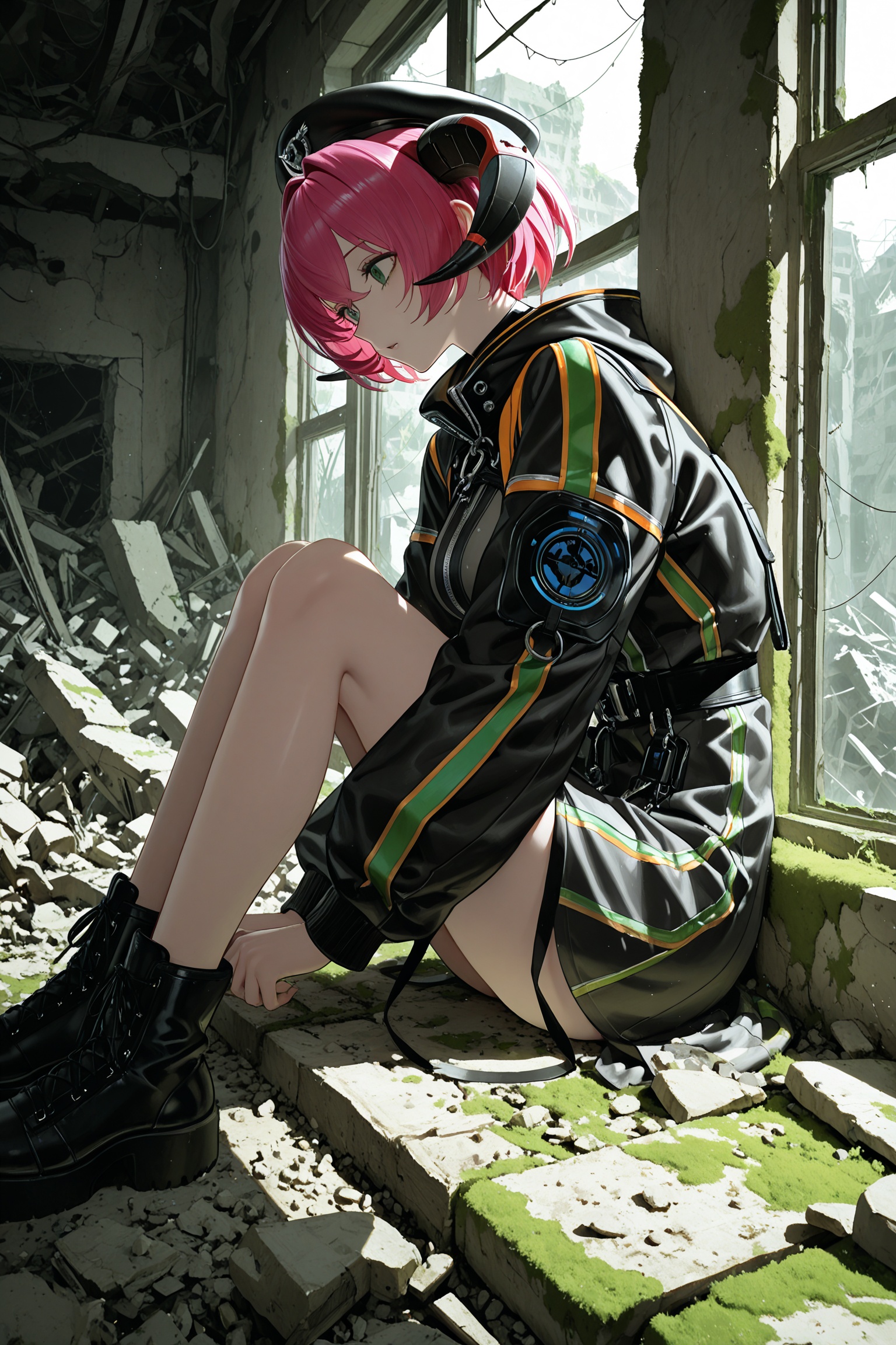 [[artist:akakura]],[artist:umishima_senbon],{{artist:kamitoge supino}},[[artist:gsusart]],artist:joman,artist:kitaku_(nakamachi_machi),[artist:shugao],{artist:mandrill},year 2023,masterpiece,best quality,amazing quality,very aesthetic,absurdres,newest,highres,knva,retro artstyle,bloom,high contrast,detailed texture,orphie magnusson,1girl,solo,low light,jacket,upper body,rubble_ruins,moss,window,the sun shines through the window,ray tracing,from side,sitting on the ground by the window,