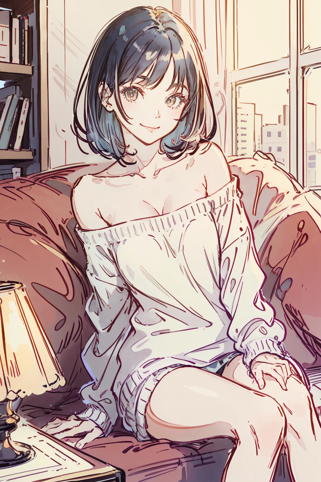 best quality,masterpiece,sketch,1girl,(black hair:1.2),smile,sweater,bare shoulder,sitting on the sofa,cross-legged,<lora:Marker Illustration:1>,