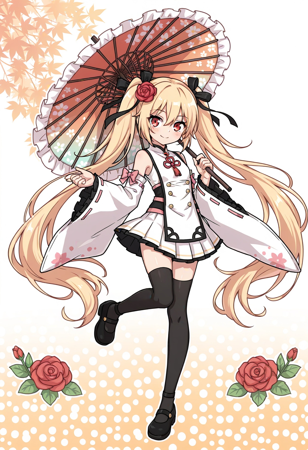 1girl,flower,frilled sleeves,red eyes,ribbon,smile,pleated skirt,blonde hair,standing on one leg,sleeveless,skirt,black footwear,oil-paper umbrella,very long hair,long hair,red rose,sleeveless shirt,white shirt,blush,hair between eyes,twintails,looking at viewer,frills,standing,hair ribbon,black ribbon,rose,white background,umbrella,solo,full body,bare shoulders,white skirt,shoes,detached sleeves,long sleeves,wide sleeves,red flower,thighhighs,shirt,holding,black thighhighs,holding umbrella,closed mouth,frilled umbrella,A young girl with long blonde hair and red eyes. she is wearing a white dress with black polka dots and a pink bow on her head. the background is filled with colorful flowers and leaves in shades of pink,orange,yellow,and green. the overall style of the illustration is anime-inspired.,