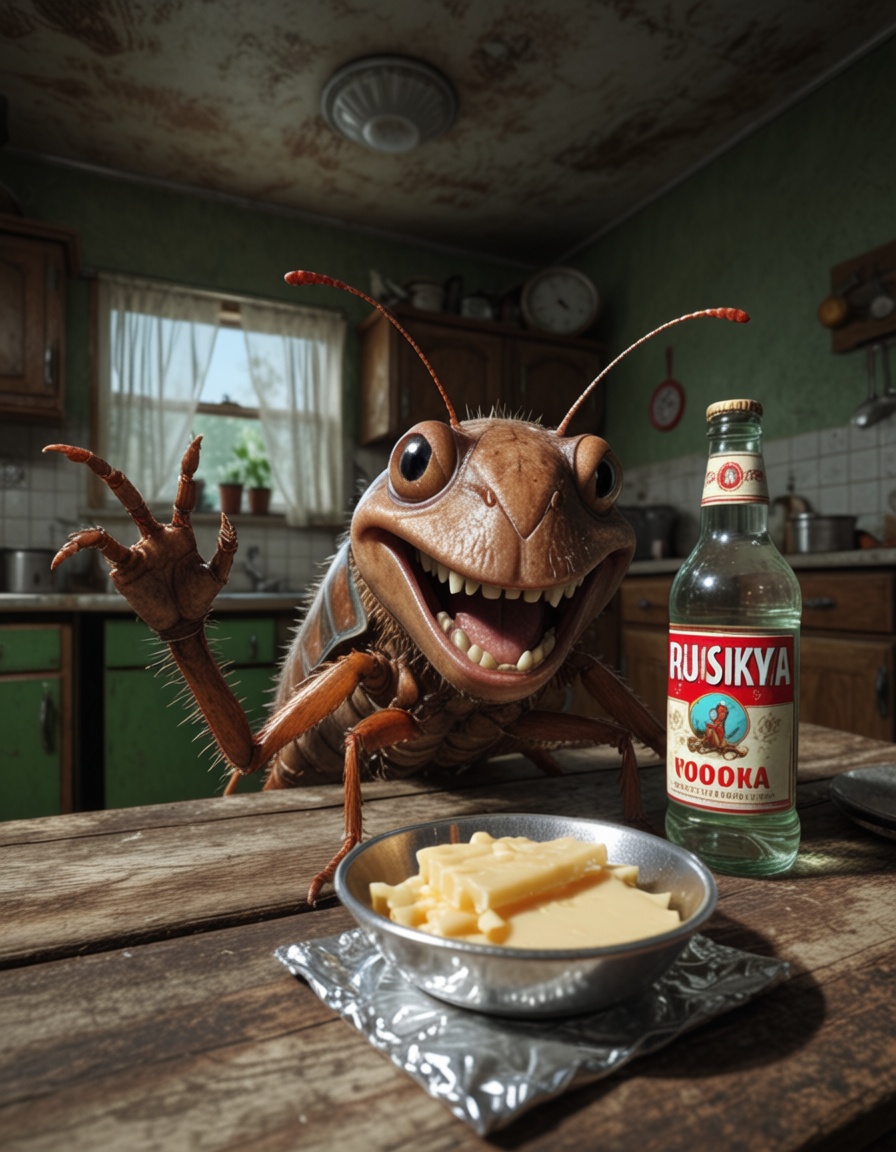 Hyper-realistic cinematic scene of a anthropomorphic cockroach with cartoonish features,  at a wooden kitchen table in a s...