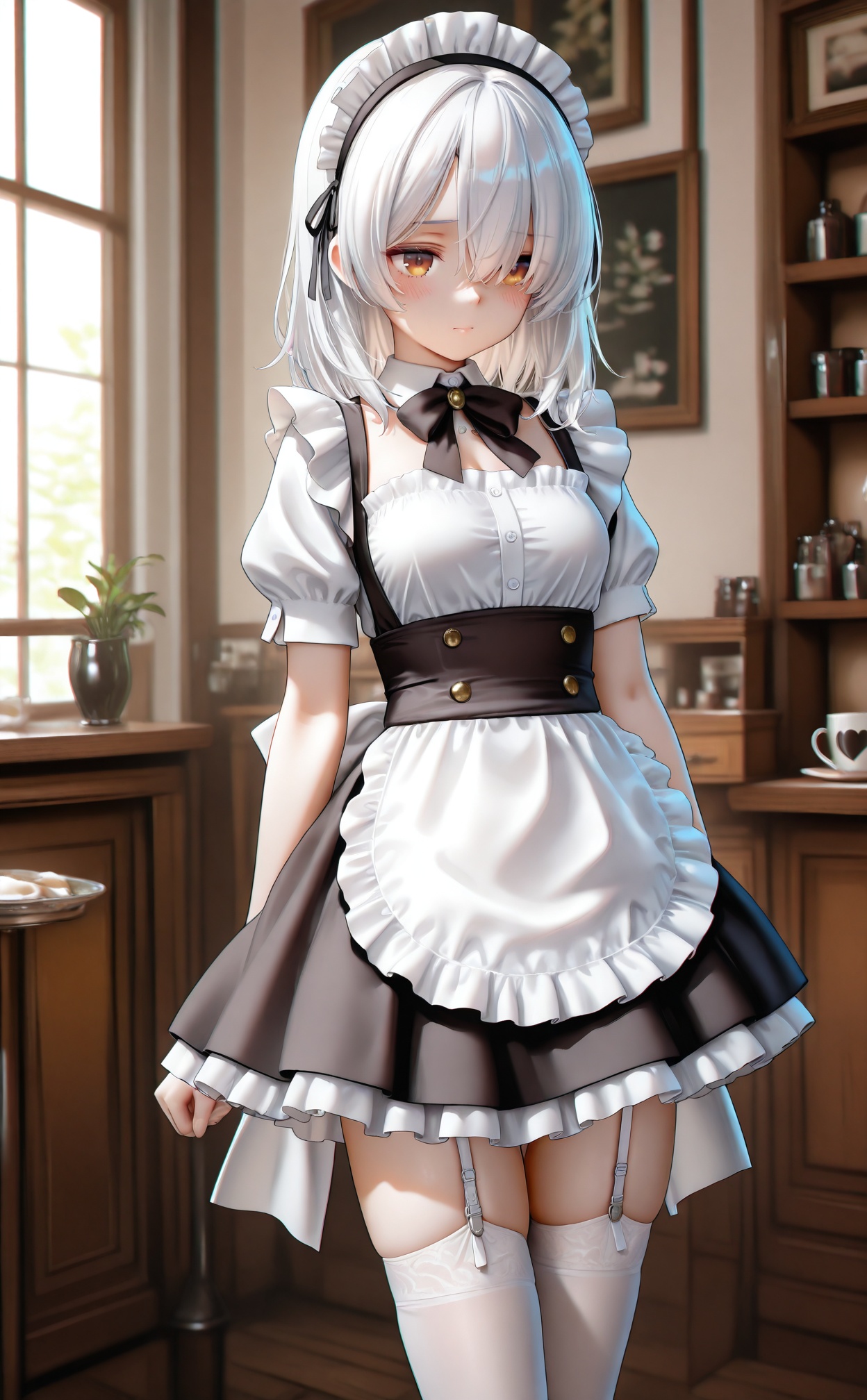 masterpiece,absurdres,best quality,high quality,chromatic_aberration,//,1girl,solo,white_hair,brown_eyes,hair_over_one_eye,medium_hair,high-waist_skirt,maid,white_thighhighs,maid_headband,garter_straps,indoors,cafe,standing,//,<lora:228zjlt——【CKXL】hans:0.8>,