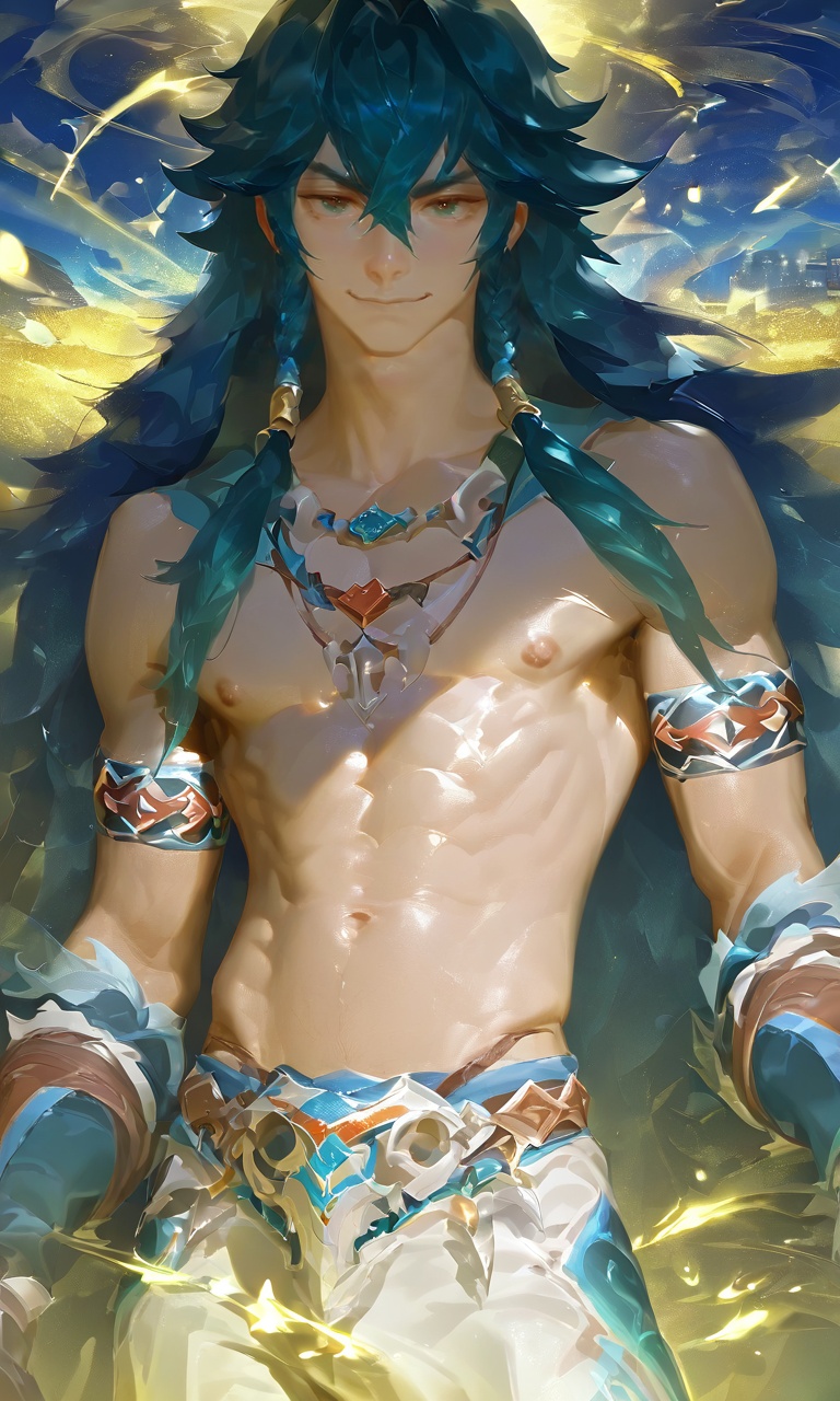 highres,uncensored,shiny_skin,(illustration),yaoi,nsfw,(artist:chimmyming:0.72),(artist:yoneyama mai:0.83),(Krenz Cushart),{smooth},artist:fumio \(snnmfmw\),artist:penguin frontier,nyalia,,goldenfieldszho,depth of field,,1boy,solo,male focus,,front view,cowboy_shot,cang,standing,navel,pants,nipples,long hair,smile,look at the audience,<lora:nyalia:0.6>,<lora:goldenfieldszho:0.4>,<lora:lora-000010.TA_trained:1>