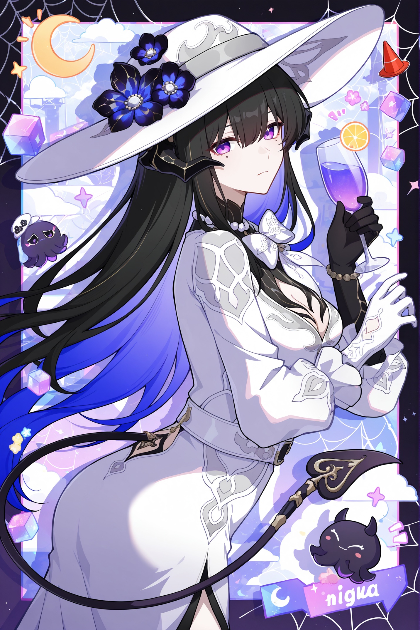 1girl,::,__artist__,year 2025,(drop shadow:1.4),(close-up:0.8),(shadow:1.2),(hands up:1.2),(border:1.2),(outside border:1.2),(hand up:1.2),(character name:1.2),from side,hand up,closed mouth,upper body,high contrast,holding cup,frown,looking at another,looking at viewer,rope,portrait,drop shadow,sparkle,^ ^,flag,moon,bug,notice lines,cloud,spider,traffic cone,star \(symbol\),circle,silk,traffic light,arrow \(symbol\),spider web,purple theme,sun,cube,crescent moon,flower,sunlight,colorful,very awa,masterpiece,best quality,newest,highres,absurdres,chibi octopus,<lora:Constance-will-Tanger:0.8>,Constance \(Honkai: Star Rail\),clothes: dalihuadef white-and-blue dress,black Succubus horns,1girl,hat,breasts,purple eyes,long hair,black hair,mismatched gloves,white headwear,flower,blue hair,bangs,belt,multicolored hair,cleavage,white glove,black glove,tail,from behind,ass,looking back,