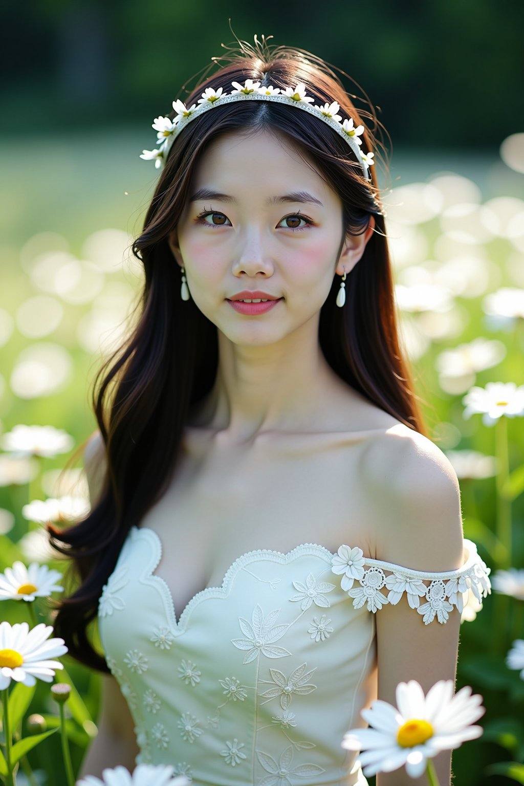 This photograph captures a young Asian woman with long,  dark hair and fair skin,  wearing a white off-shoulder lace dress...