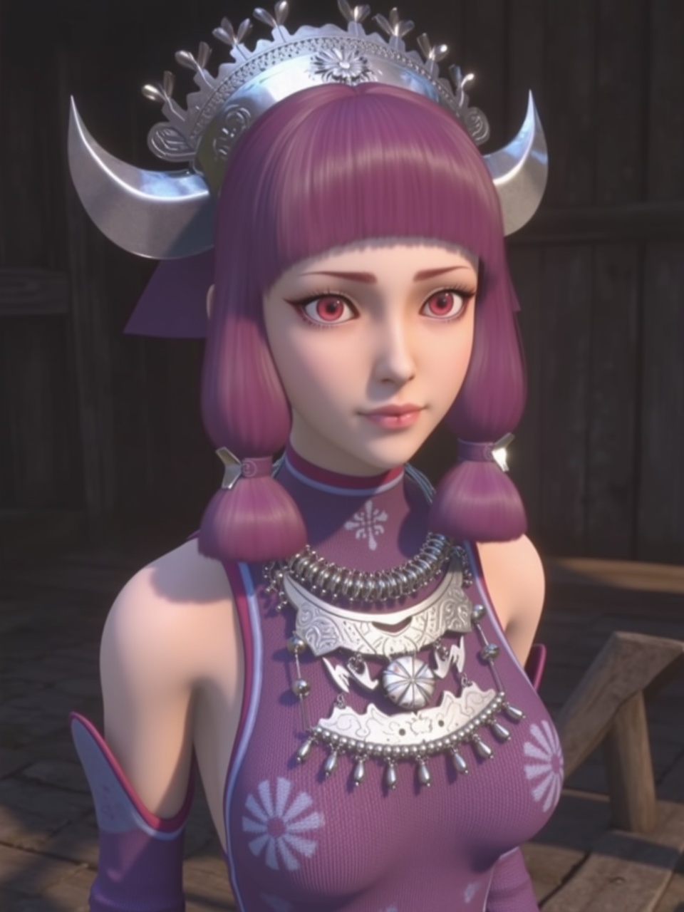 mmgchimeng,3D animation style,red eyes,purple hair,purple costume,upper body,cleavage,breast,