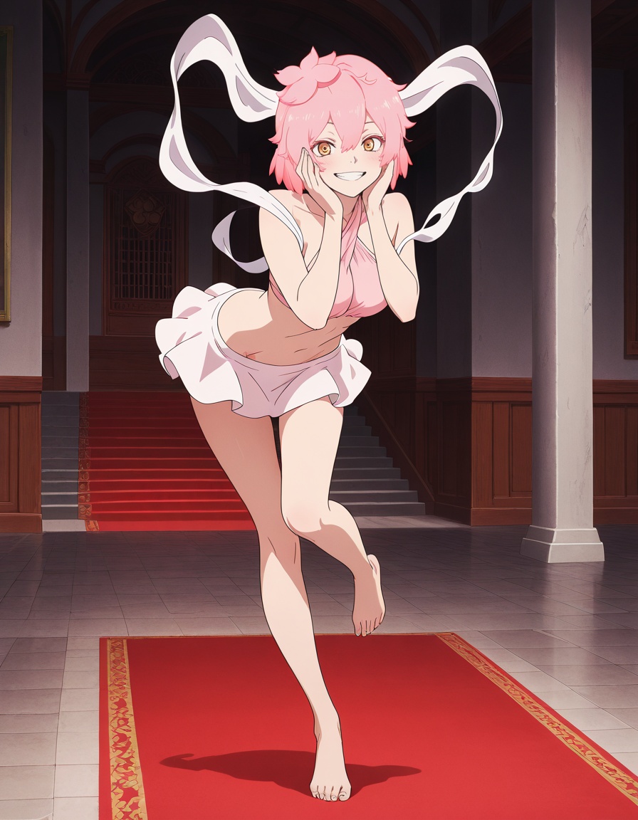 masterpiece, best quality, amazing quality, indoors, dark, mansion, red carpet,1girl, looking at viewer, solo, smile, hands on own face, teeth, <lora:tao_fa-jigokuraku_s2-ixl-anime-soralz:1>, tao fa (jigokuraku), short hair, pink hair, fluffy hair, hair between eyes, yellow eyes,hagoromo, pink bikini, white miniskirt, dancing, standing on one leg, full body,, <lora:StS-Illustrious-Detail-Slider-v1.0:3>