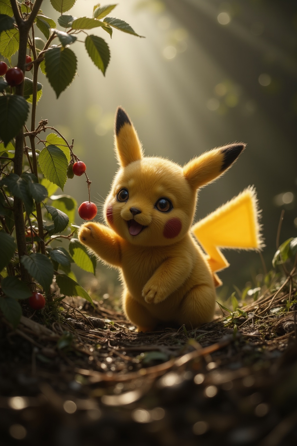 A hyper-realistic cinematic photograph of a pikachu,  with detailed fur and eyes. It is standing in a forest trying to rea...