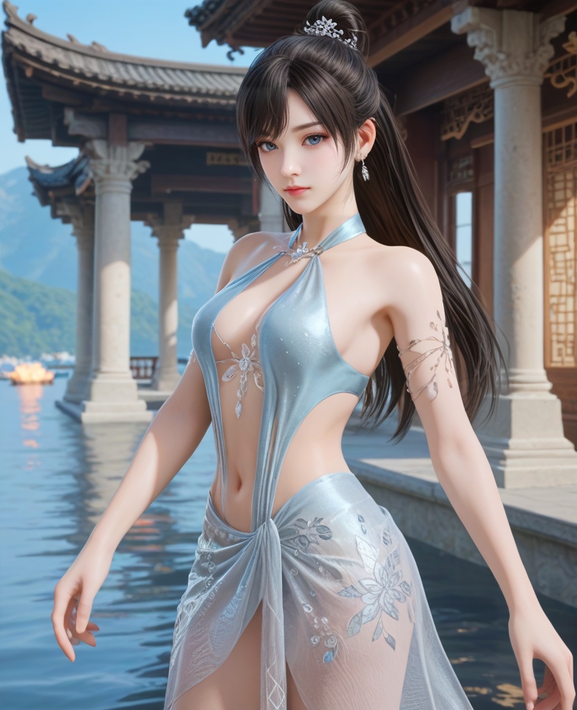(oriental architecture, elegant decor, sophisticated style:1.1),(yoga backbend:1.1),(breasts:1.2),<lora:XL16永劫无间顾清寒仲夏霜华:0.95>,miss guqinghan,glacial bikini set,sheer beach sarong with frost patterns,black hair,half-up crown updo with long cascading hair,navel,armlet,ocean,, score_9,score_8_up,score_7_up,score_6_up,score_5_up,score_4_up,3d rendering,tag1,tag2, Cinematic Lighting,backlighting,