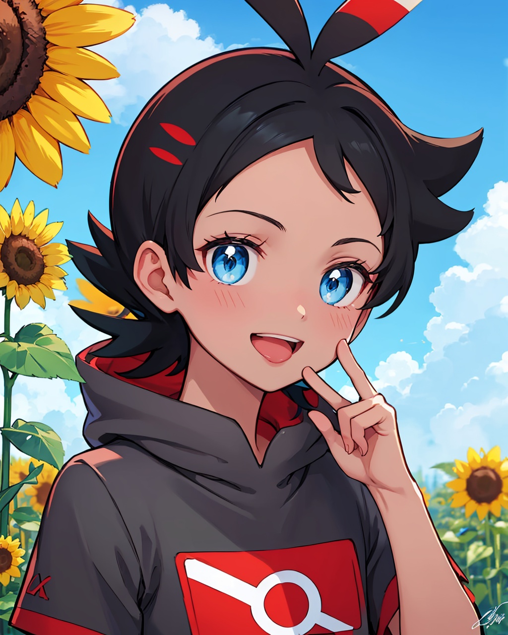 masterpiece,best quality, highly detailed, goh (pokemon),1boy, male focus, holding flower, solo, open mouth, cloud, sky, sunflower, blush, day, eyelashes, short sleeves, grey shirt, outdoors, tongue, looking at viewer, hand up, :d, signature, bright pupils, upper body, yellow flower,<lora:goh_(pokemon):1>