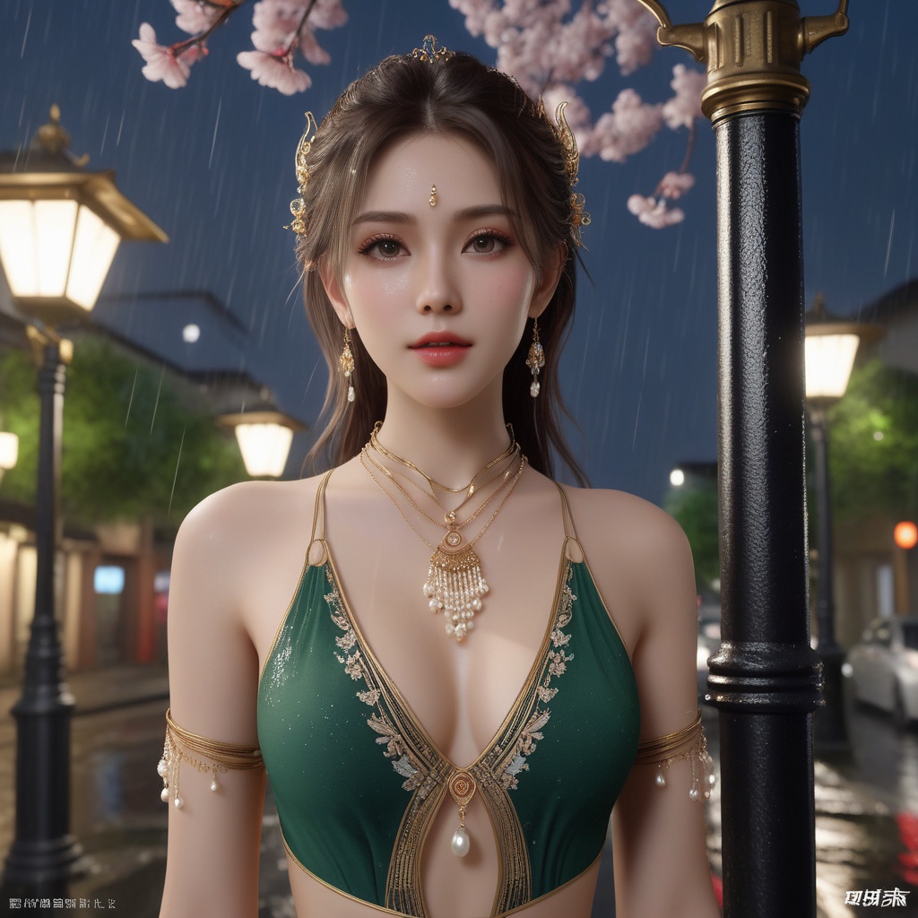 <lora:648-DA-XL-遮天-狠人大帝:0.8>(,1girl, ,best quality, ),looking at viewer, ,ultra detailed 8k cg, ultra detailed background,  ultra realistic 8k cg,          cinematic lighting, cinematic bloom, (( , )),,  , unreal, science fiction,  luxury, jewelry, diamond, pearl, gem, sapphire, ruby, emerald, intricate detail, delicate pattern, charming, alluring, seductive, erotic, enchanting, hair ornament, necklace, earrings, bracelet, armlet,halo,masterpiece, (( , )),,  ,cherry blossoms,(((, night,night sky,lamppost,  ultra high res, (photorealistic:1.4), raw photo, 1girl, , rain, sweat, ,wet, )))(( , ))   (cleavage), (),