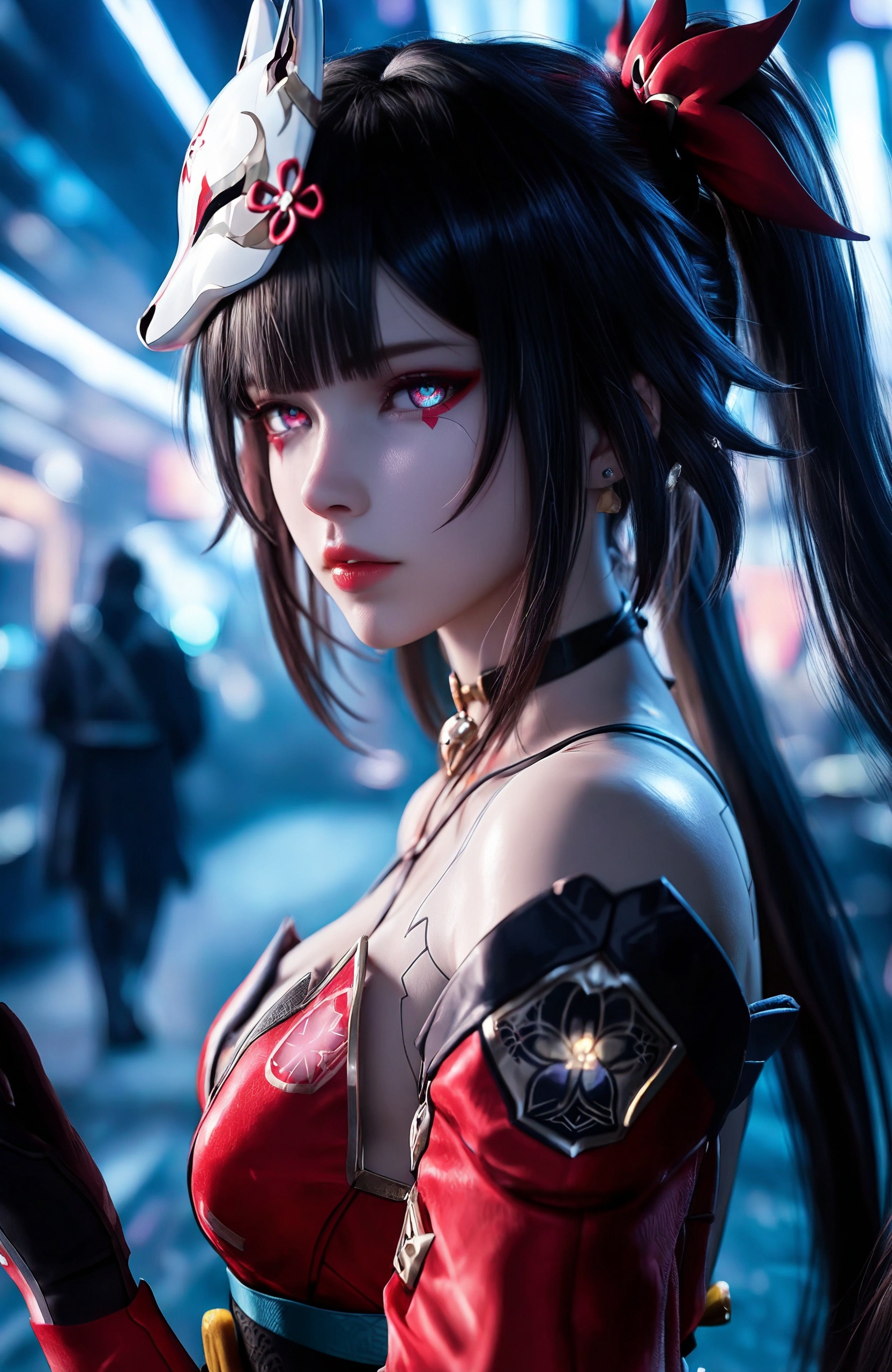 1 girl,  cyberpunk istreet. night,fantasy.. Ultra-detailed  masterpiece,PHOTO,REALISTIC photo,COSPLAY PHOTO,dynamic pose ,shading and cinematic lighting,edge lighting casts soft shadows on ,depth of field,super-detailed,atmosphere,Ultra HD,aesthetics,perfect anatomy,jewelry details,volumetric fog effects.,honkai_(series), sparkle (honkai: star rail), honkai (series),