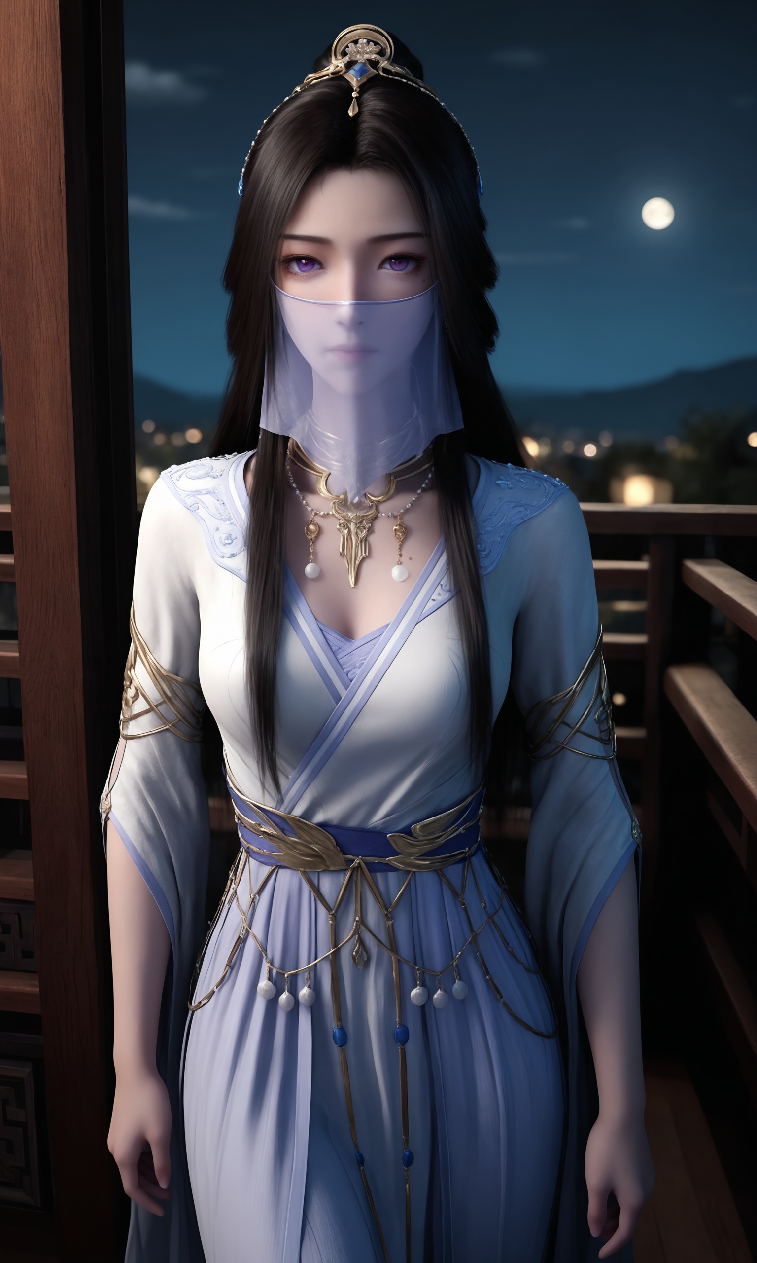 <lora:凡人-紫灵结丹初期ILL:0.8>,1girl,long,straight black hair,purple eyes,flowing,pale blue,floor-length gown with intricate gold trimmings,high slit,high collar,long sleeves,white cloth mask,, 1girl,solo,shiny,shiny_hair,upper_body,fair_skin,white_skin,shiny_skin,shiny,Ivory_skin,looking at viewer,cinematic lighting,volumetric lighting,solo focus,blurry background,depth of field,night,sky,night sky,full moon,moonlight,
