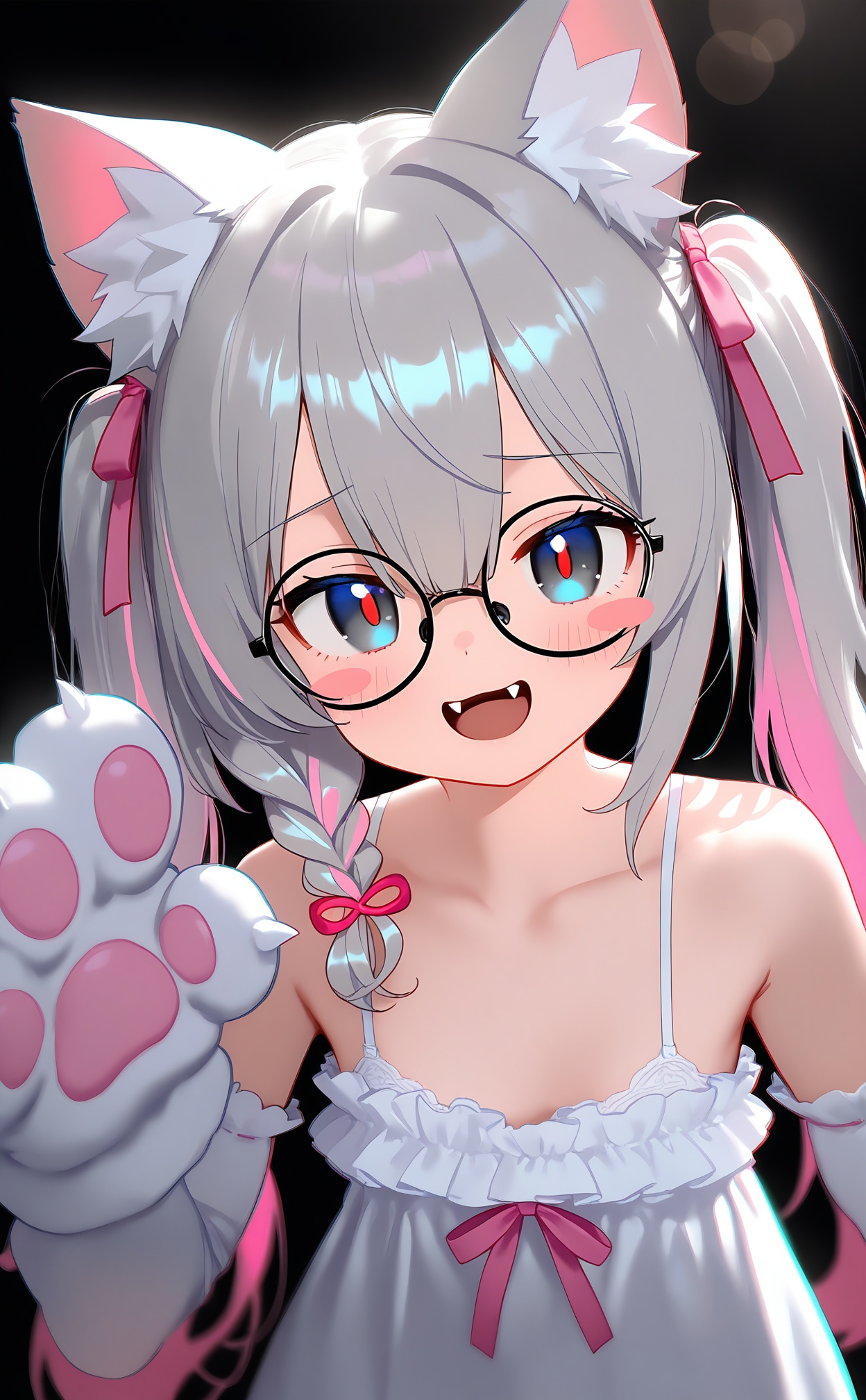 masterpiece,absurdres,best quality,high quality,chromatic_aberration,Night,darkness,black theme,shy,embarrass,endured_face,//,1girl,fangs,animal_ear_fluff,solo,hair_bow,animal_ears,hair_between_eyes,bow,pink_bow,smile,braid,bare_shoulders,gloves,glasses,animal_hands,twintails,:d,looking_at_viewer,long_hair,grey_hair,dress,collarbone,multicolored_hair,paw_gloves,upper_body,black_background,semi-rimless_eyewear,white_gloves,white_bra,depth_of_field,blush,pink_hair,blue_eyes,bra,single_braid,white_dress,under-rim_eyewear,open_mouth,white_camisole,sleeveless_dress,underwear,blurry,cat_ears,streaked_hair,frills,blush_stickers,red_pupils,black-framed_eyewear,grey_eyes,camisole,sleeveless,detached_sleeves,round_eyewear,simple_background,pink_ribbon,hand_up,//,highres,HDR,8K,high contrast,illustration,depth of field,(colorful),Tyndall effect,contrast,lens flare,<lora:nyalia22——【noob】hans:1>,