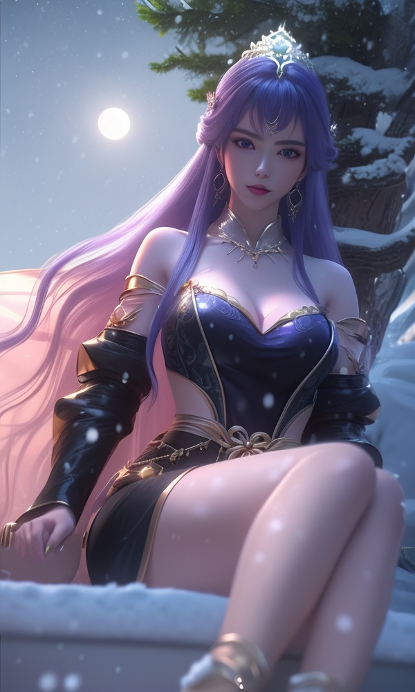 <lora:388-DA-百炼成神-天穹-云洛-黑化:0.8>,(,1girl, ,best quality, ),looking at viewer,ultra realistic 8k cg, picture-perfect face, flawless, clean, masterpiece, professional artwork, famous artwork, cinematic lighting, cinematic bloom, fantasy, dreamlike, unreal, science fiction, ((,1girl, pov,))(((,tree, 1girl, full moon,snowing,snow ,solo,     solo focus,  long_hair, looking_at_viewer,  )))  (rich:1.4,)     prestige, luxury, jewelry, diamond, gold, pearl, gem, sapphire, ruby, emerald, intricate detail, delicate pattern, charming, alluring, seductive, erotic, enchanting, hair ornament, necklace, earrings, bracelet, , 1girl, purple_hair, solo, breasts, earrings, jewelry, hair_ornament, long_hair, , cleavage,  large breasts, lips, looking_at_viewer, makeup,full body, sitting, high heel boots, 
