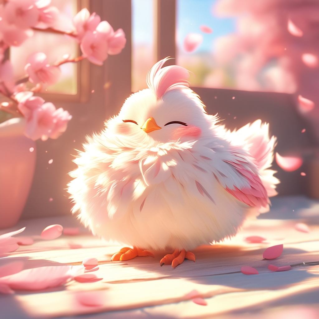 youji,chicken,fluffy,sunlight,light particles,^ ^,whiskers,cute,cc-color-correction,mf-movie-filter,warm colors,whimsy and dramatic lighting,white fur,soft lighting,chicken focus,no humans,closed eyes,cherry blossoms,bird,pokemon \(creature\),petals,blurry,blurry background,feathers,standing,full body,outdoors,depth of field,indoors,blush,day,cat,<lora:youji_xl:0.8>,