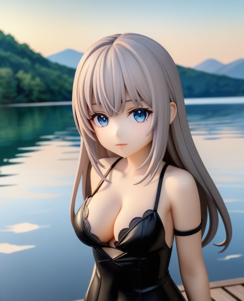 (,1girl, ,best quality, ),looking at viewer,  ,ultra detailed 8k cg, ultra detailed background,  ,masterpiece, (( , )) , lake,upper body,   (cleavage), (),