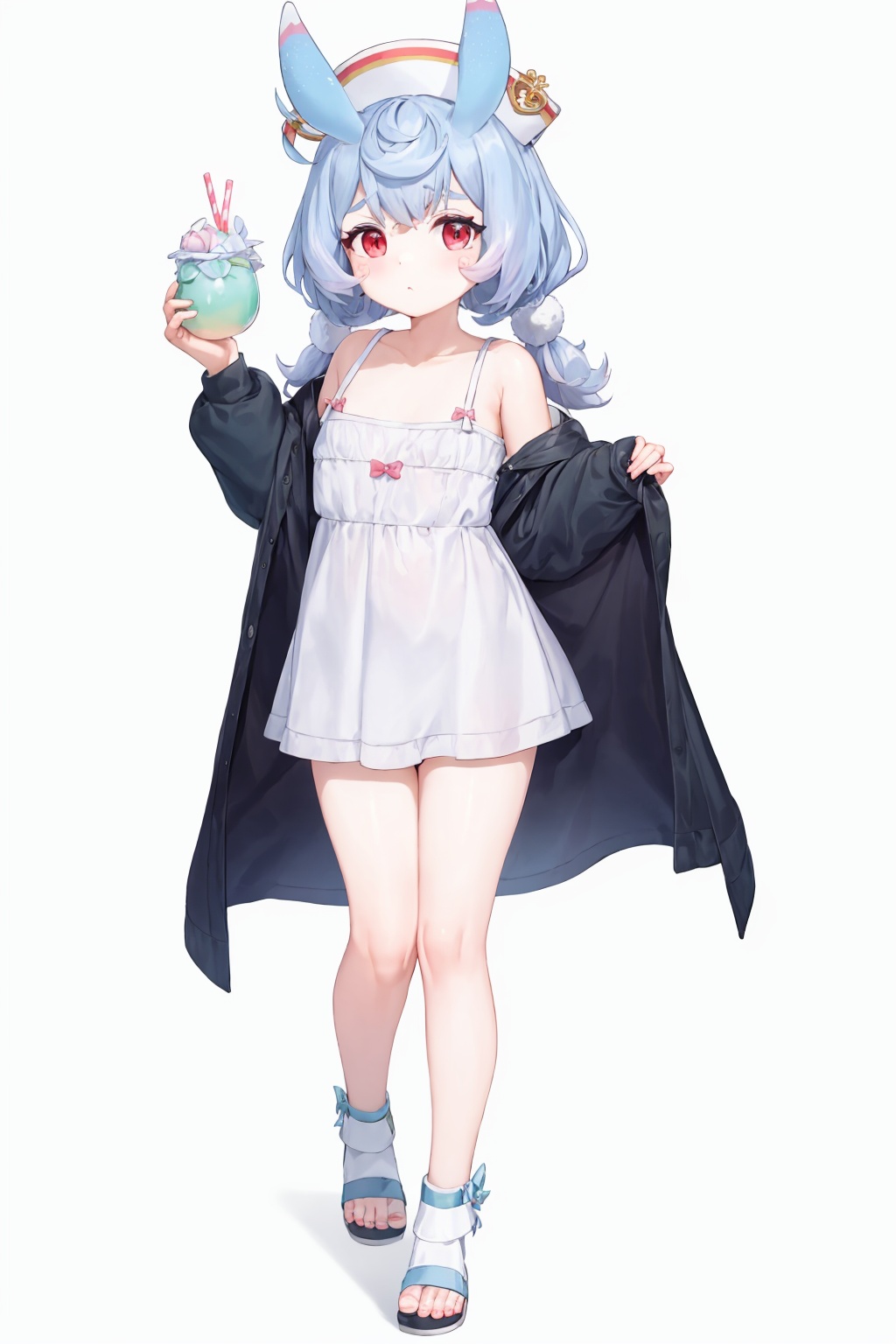 masterpiece, best quality, <lora:sigewinne-v2:1>, 1girl, solo, red eyes, drinking straw, hat, white background, holding, white headwear, cup, slippers, holding cup, white footwear, animal ears, full body, standing, bangs, off shoulder, blue hair, open clothes, low twintails, notice lines, bare shoulders, simple background, mob cap, twintails, short eyebrows, dress, jacket, strap slip, long sleeves, thick eyebrows, blush stickers, long hair, white dress, collarbone, blue jacket, looking at viewer, braid, blush, horns, bendy straw, open jacket, bow, multicolored hair, sleeveless