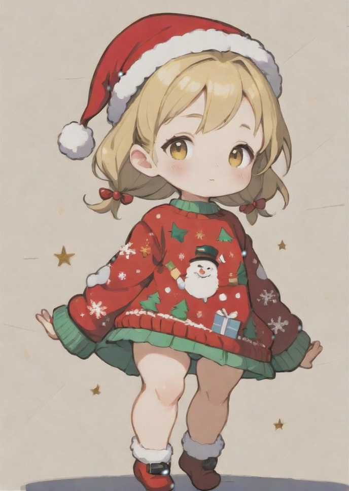 full body head to toe(fulll_body:1.5),Rococo surrealism ,cuteness overload futurism, cyberpunk, mail art, detailed oil Rococo masterpiece, fairytale, tiny extremely cute baby-kid wearing Christmas sweater