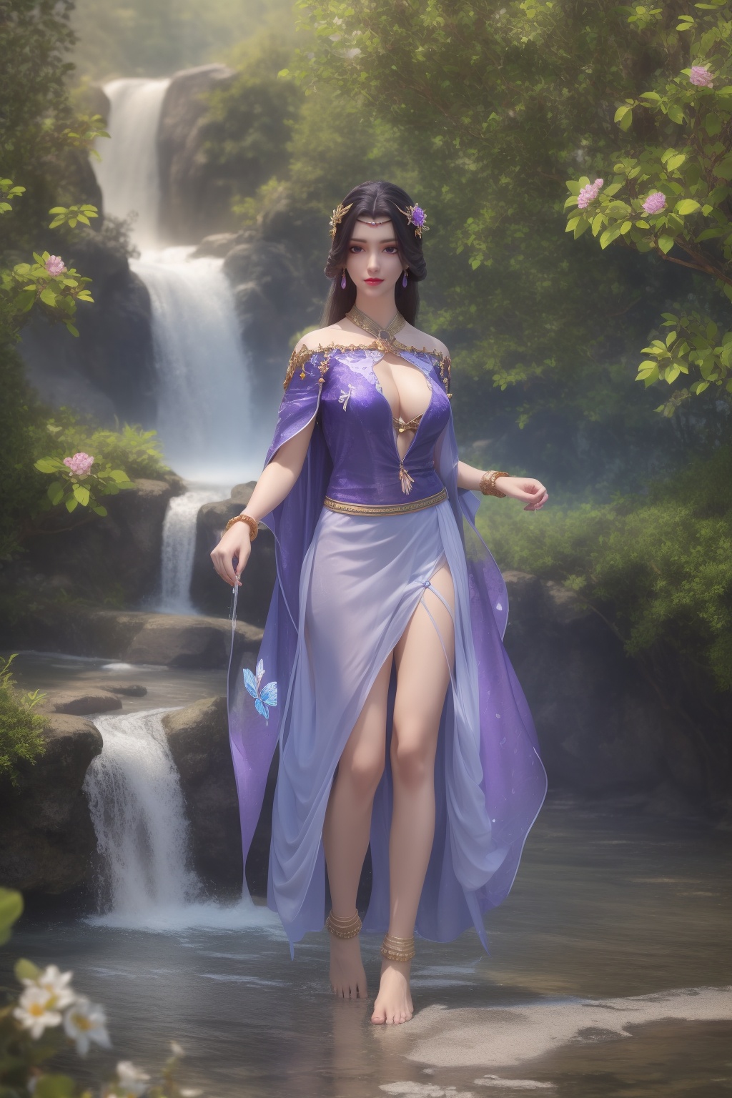 ultra realistic 8k cg,flawless,clean,masterpiece,professional artwork,famous artwork,perfect face,beautiful face,best quality,full_shot,absurdres,shenfengXiaoYunXi,1girl,solo,dress,cape,circlet,halterneck,standing,purple eyes,purple hair,shiny,torogao,smile,makeup,red lips,breasts,large breasts,jewelry,earrings,hair ornament,(outdoors:1.4),water,waterfall,butterfly,flower,braid,long hair,realistic,looking at viewer,barefoot,anklet,barefoot sandals,<lora:shenfengXiaoYunXi_20240106234614-000004:0.7>,