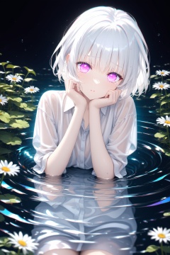 (masterpiece),(best quality),illustration,ultra detailed,hdr,Depth of field,(colorful),(chromatic aberration),(beautiful young female:1.4),(streaming tears),sad,(daisy),(daisy),(daisy),looking at viewer,partially submerged,both hands on own cheek,{see-through long shirt},{no bra},(white hair, short hair, bangs:1.2),(glowing eyes),ripples,dark water,black background,(prismatic),